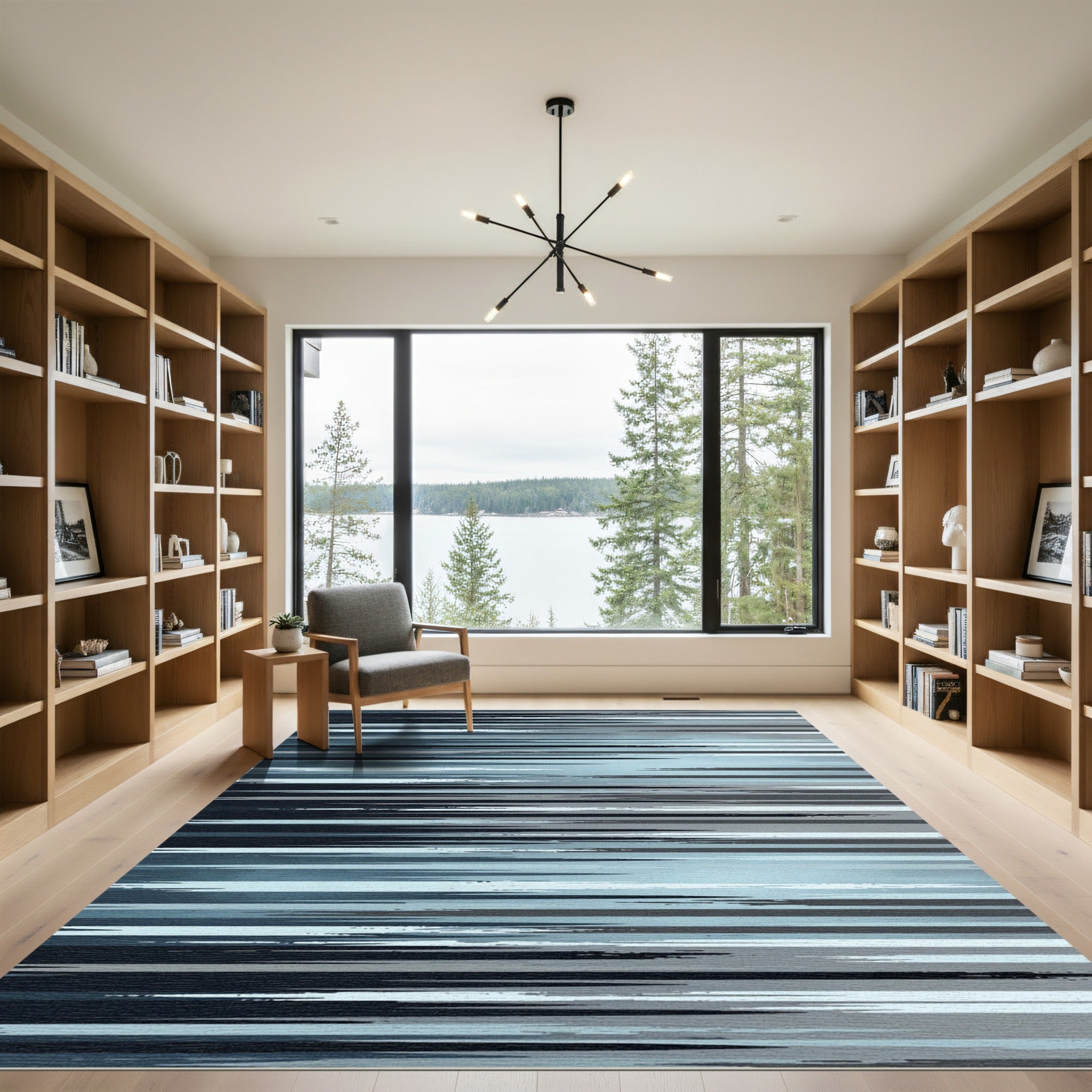 Modern Blue and Charcoal Linear Stripe Rug