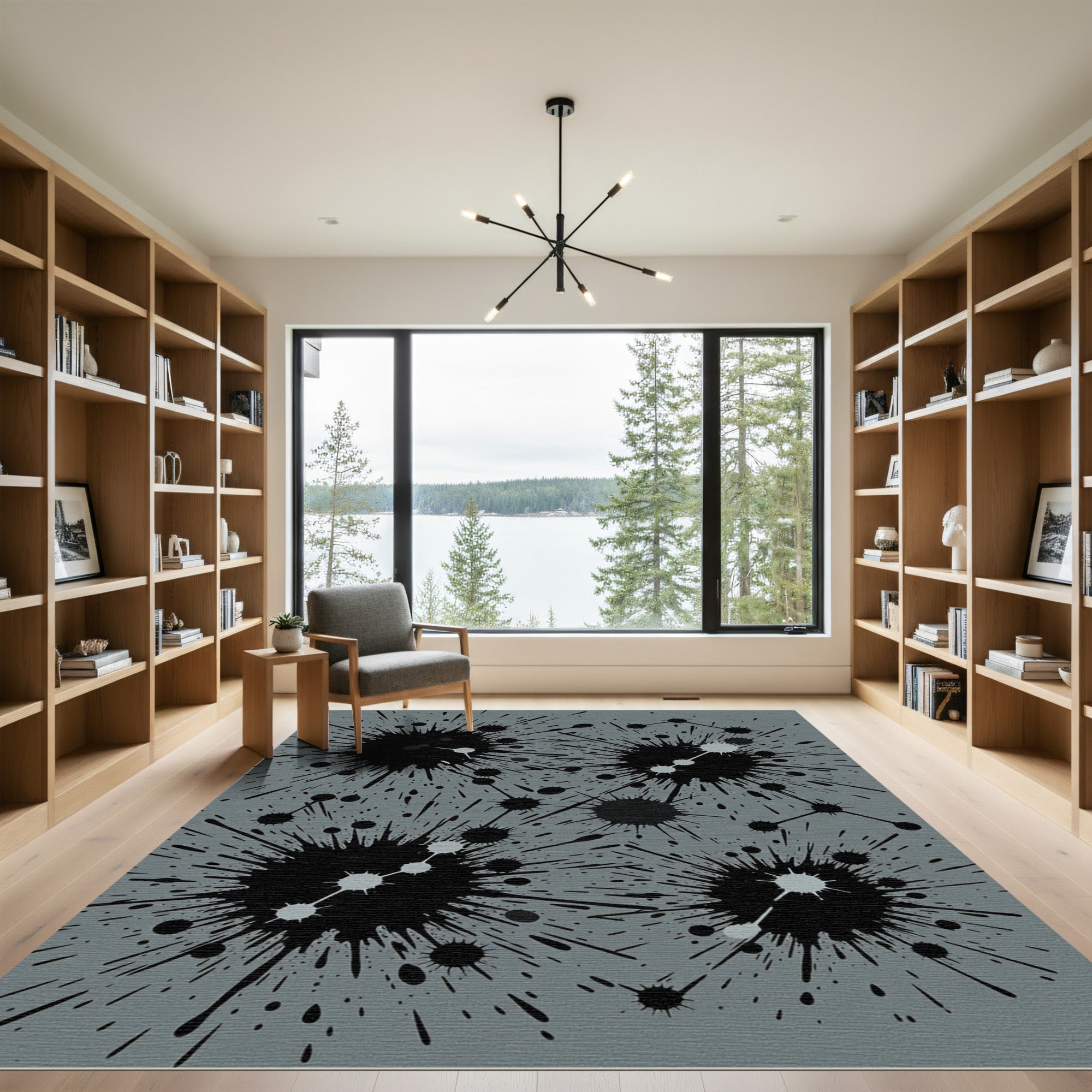 Modern Gray Ink Splatter Abstract Art Rug