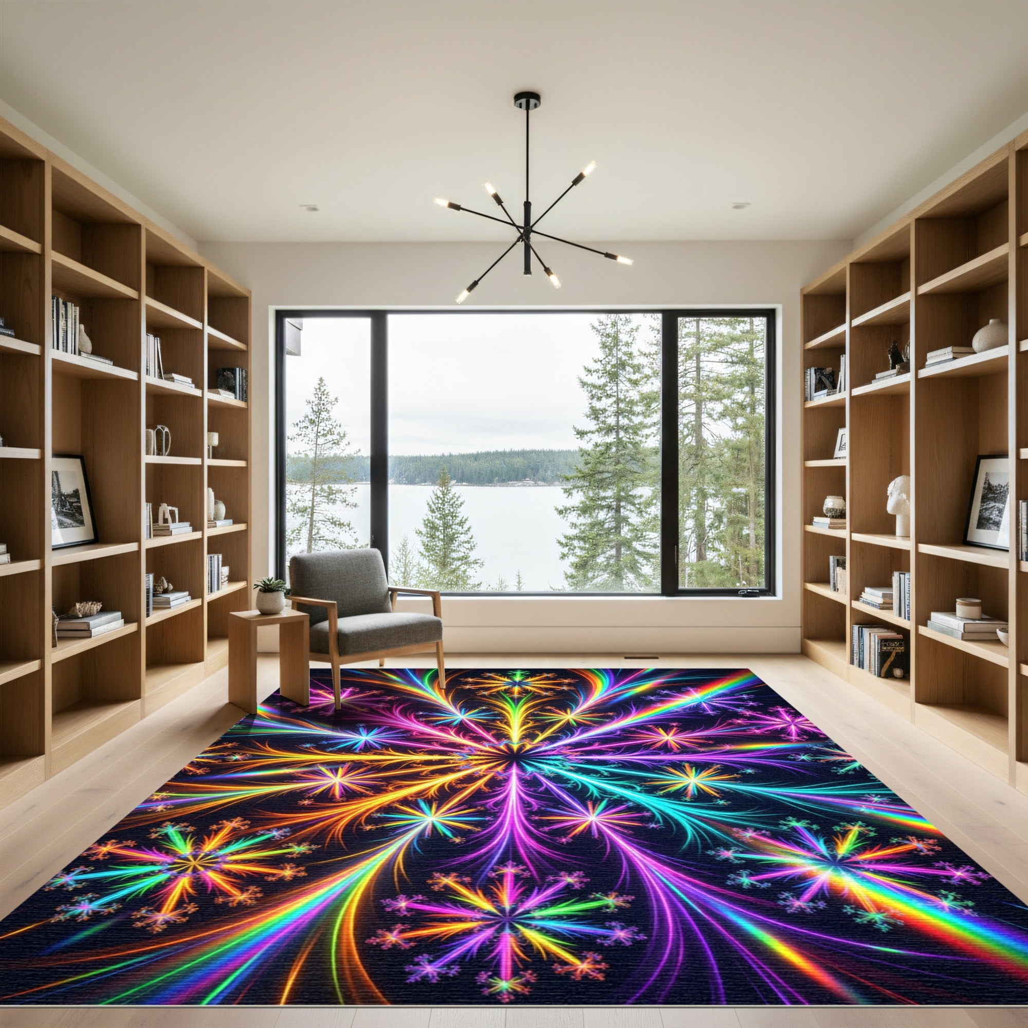 Vibrant Rainbow Fractal Snowflake Kaleidoscope Rug