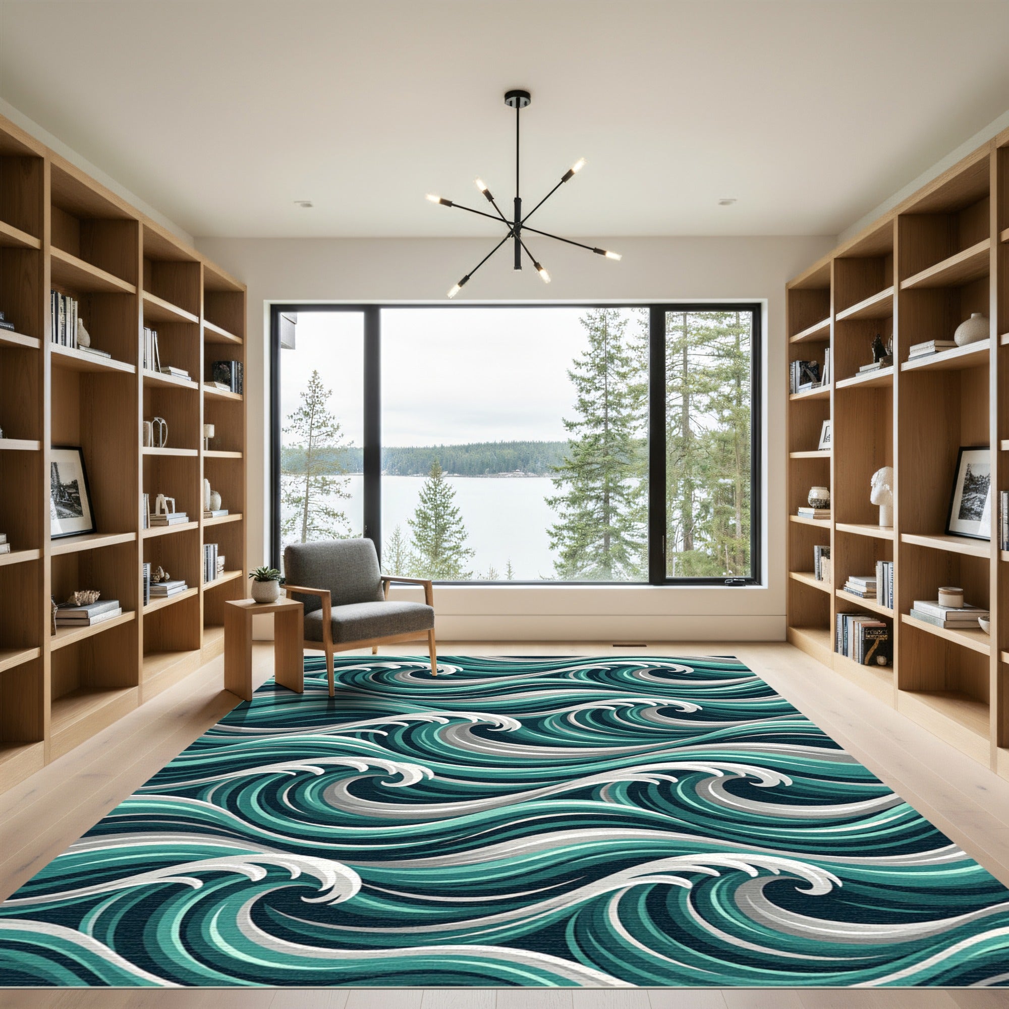 Deep Aqua Teal Wave Arrangement Rug