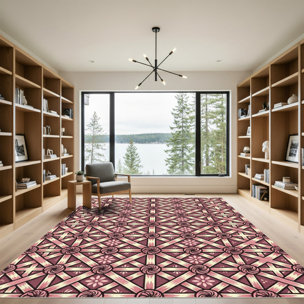 Rose Pink Geometric Lattice Floral Rug