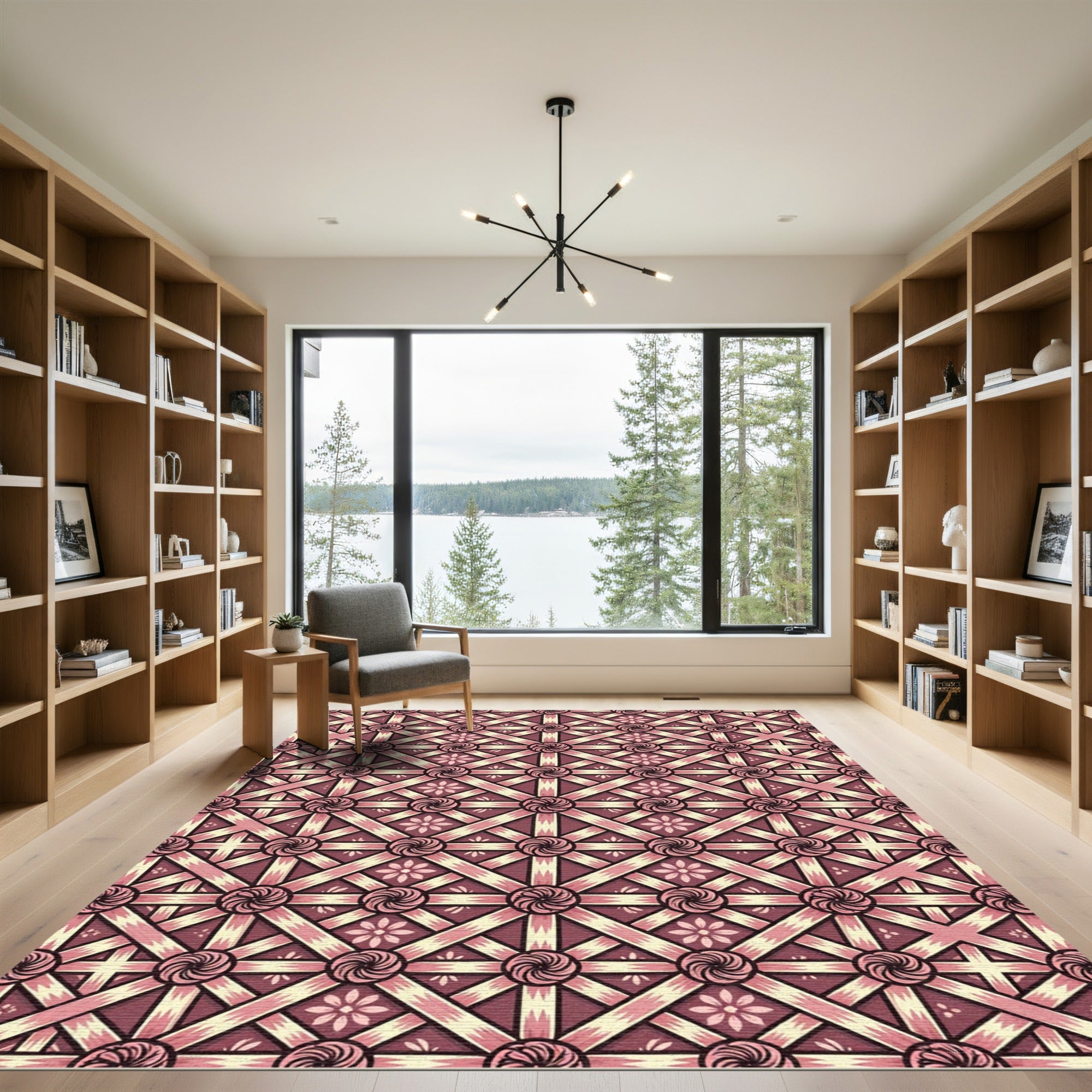 Rose Pink Geometric Lattice Floral Rug