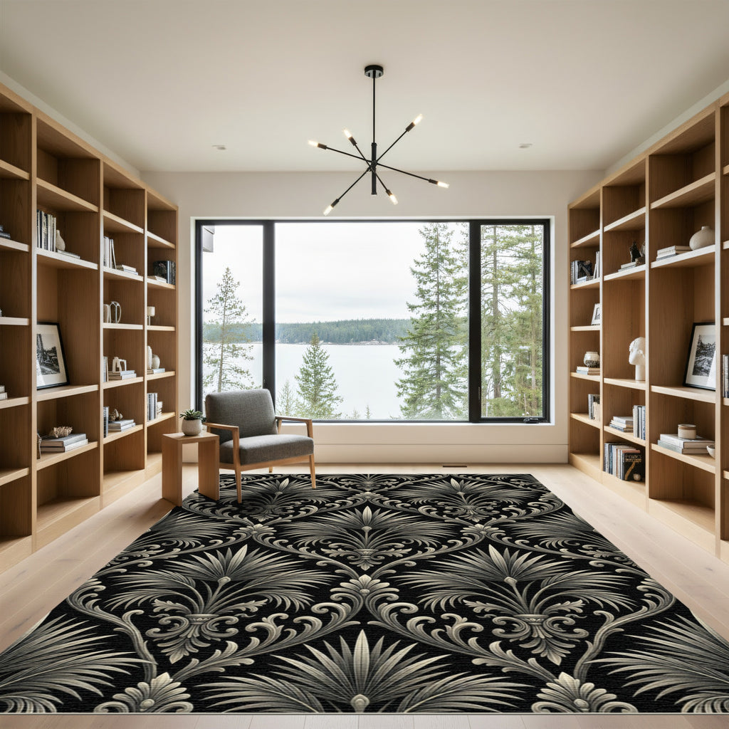 Elegant Charcoal Black Palm Damask Wallpaper Rug