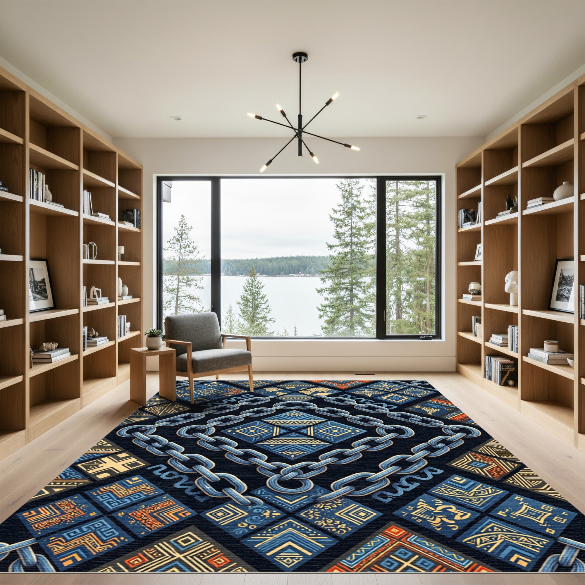 Blue Gold Chain Tribal Geometric Rug