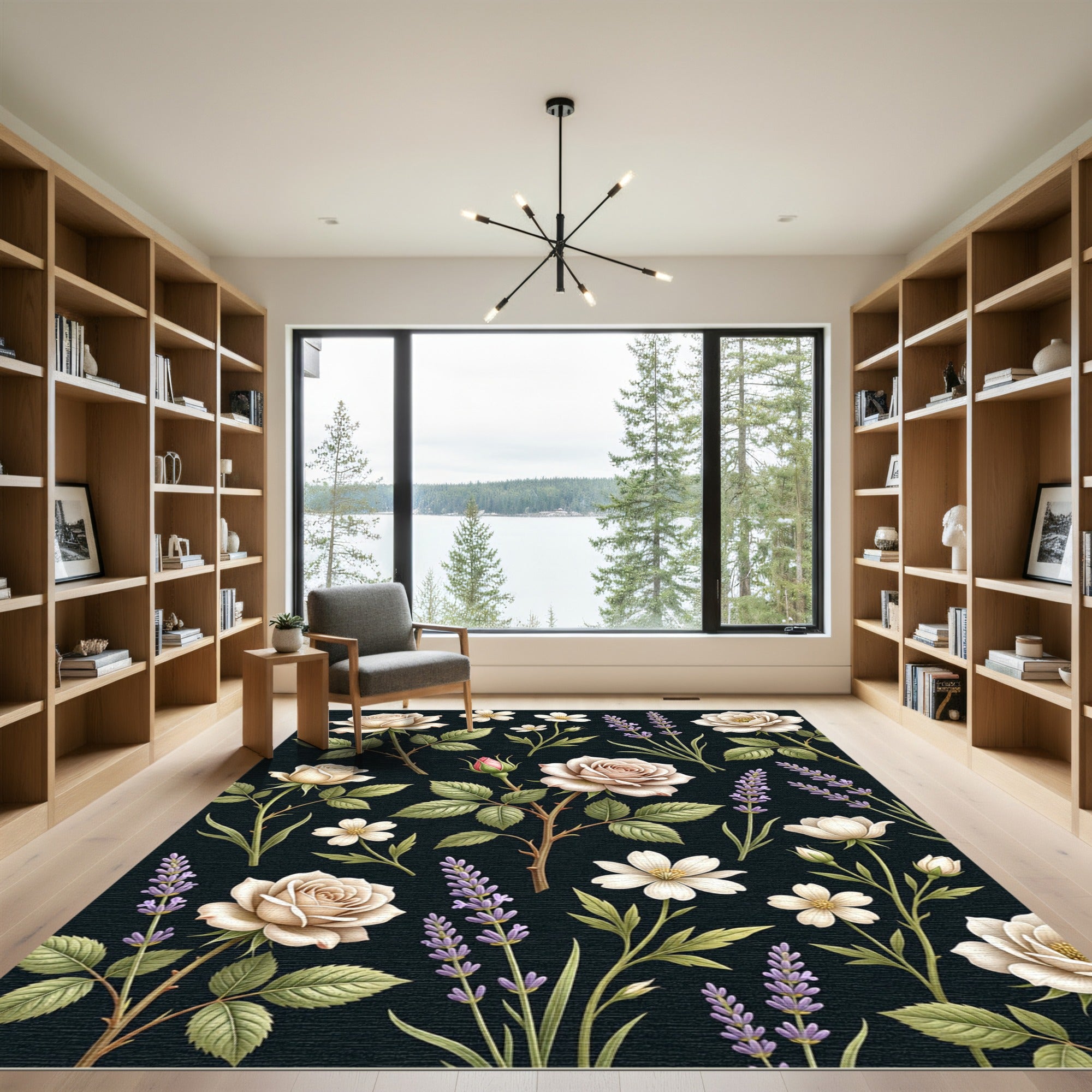 Cream Rose and Lavender Floral Botanical Rug