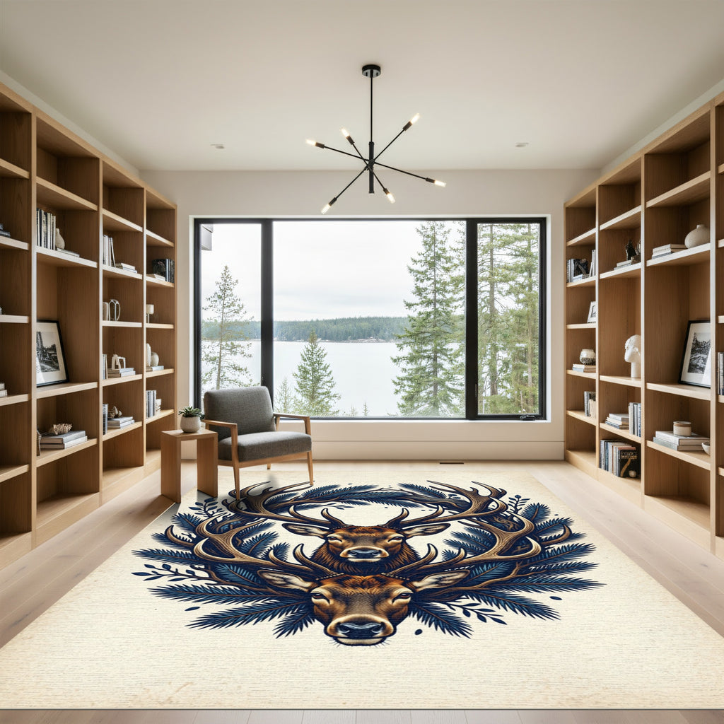Rustic Woodland Fawn Pine Antler Illustration Rug