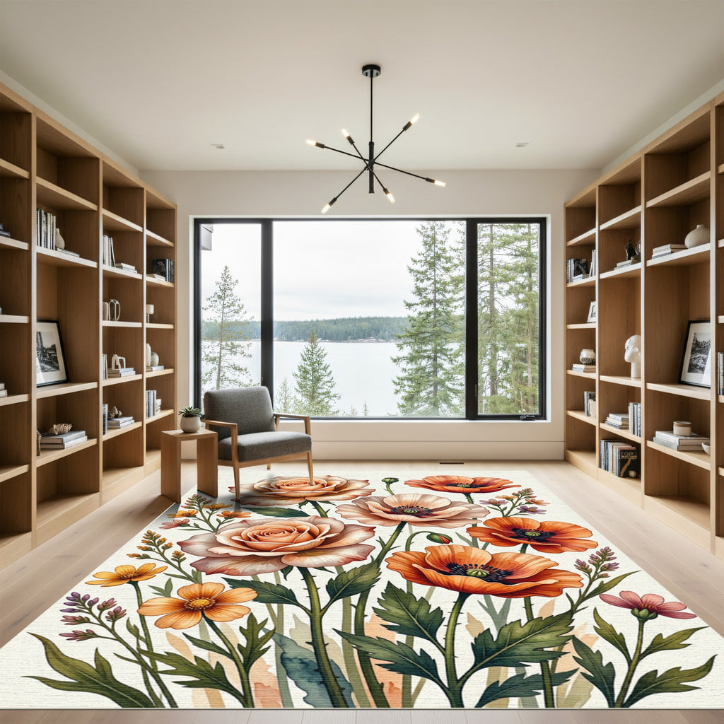 Coral Peach Floral Botanical Arrangement Rug