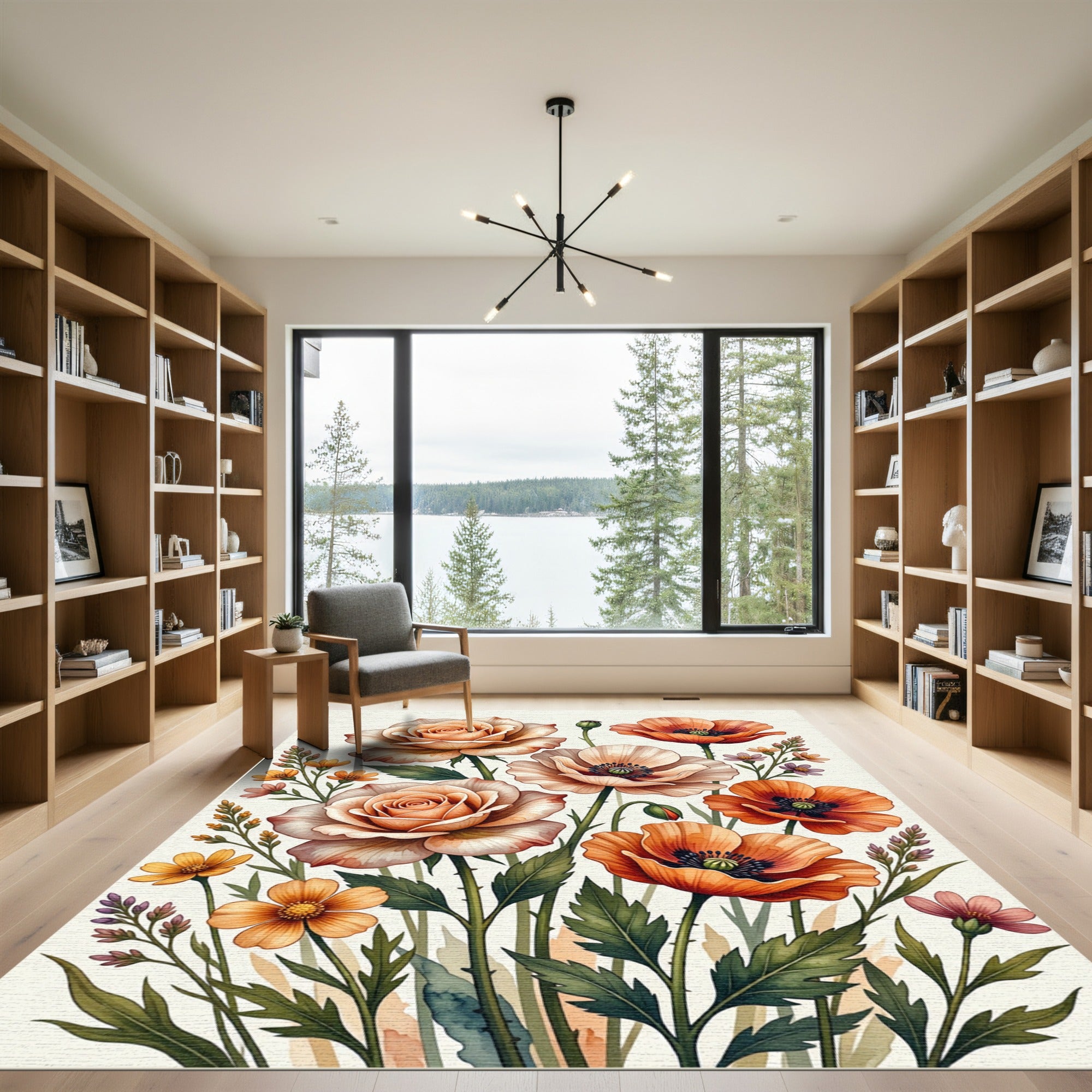 Coral Peach Floral Botanical Arrangement Rug