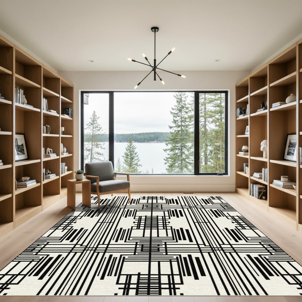 Black White Linear Grid Composition Rug