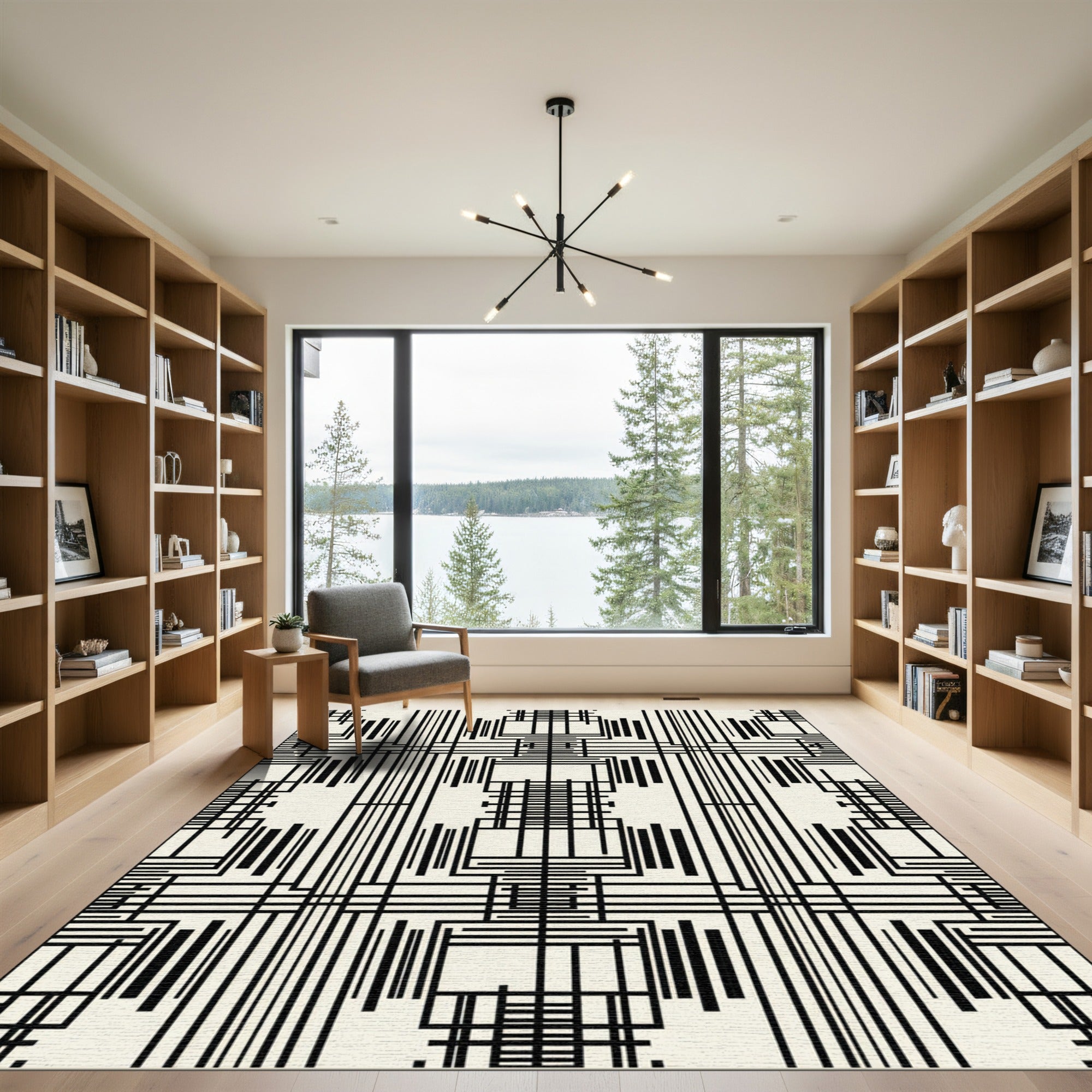 Black White Linear Grid Composition Rug