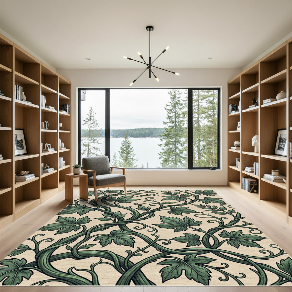 Elegant Sage Green Botanical Vine Scroll Rug
