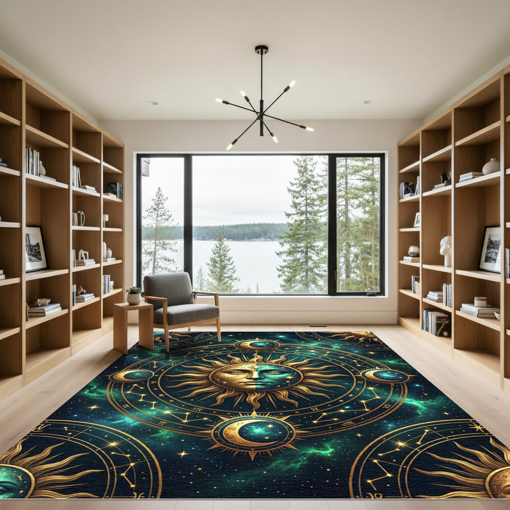 Celestial Gold Sun and Moon Art Rug