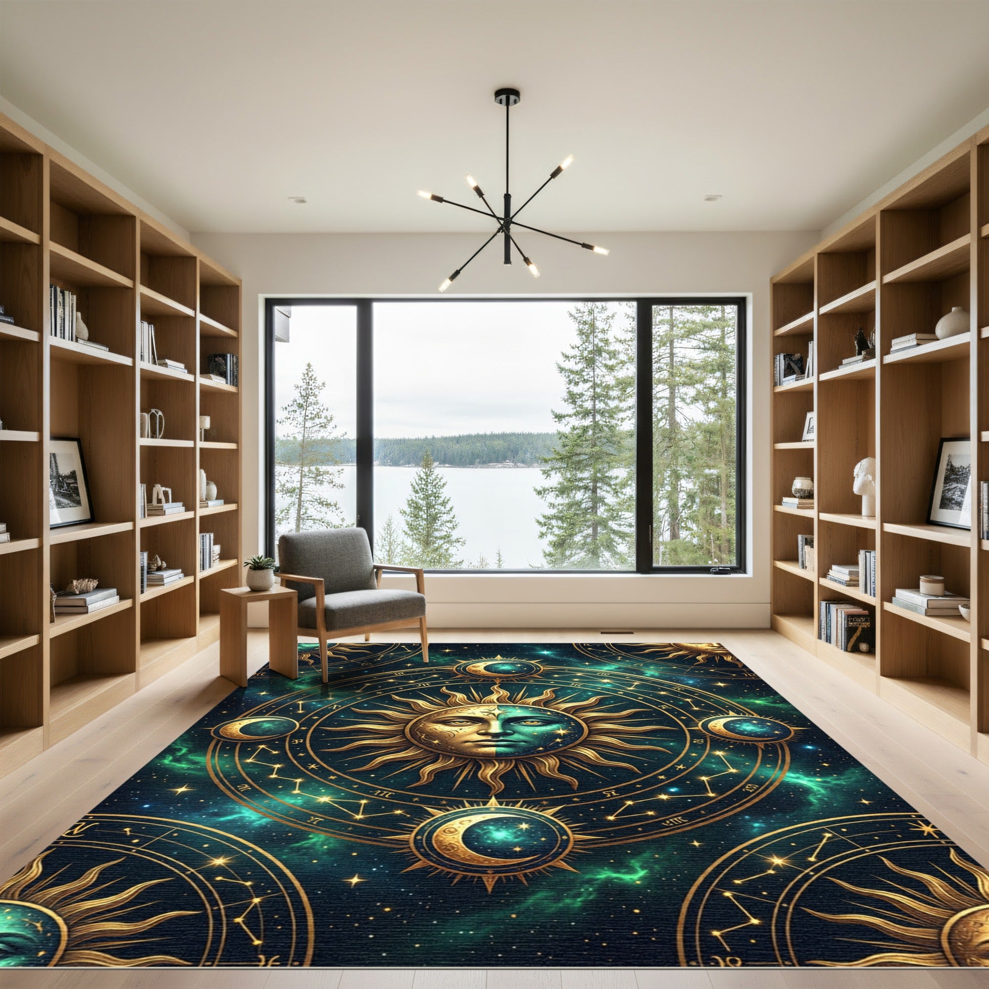 Celestial Gold Sun and Moon Art Rug