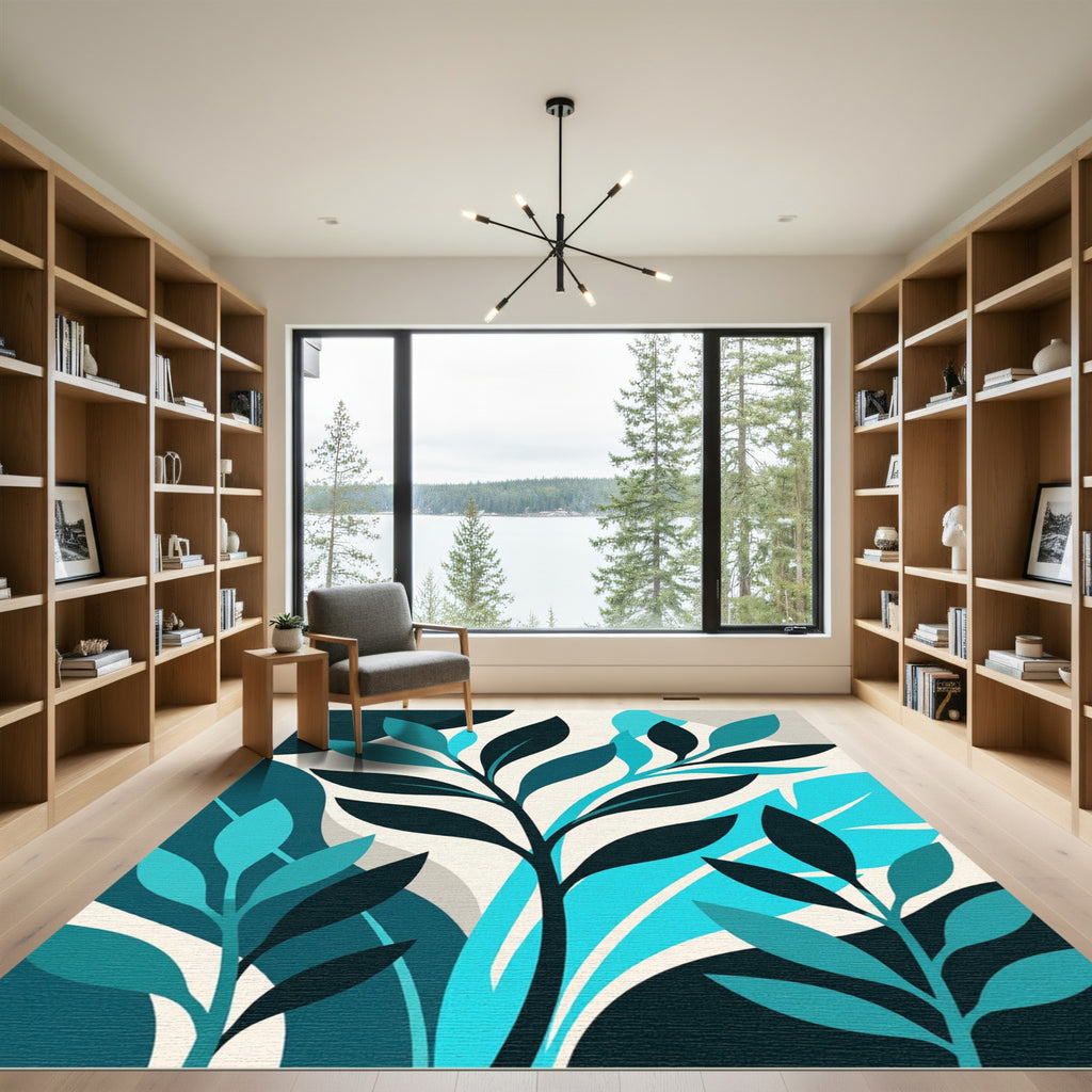 Modern Teal Botanical Abstract Leaf Rug