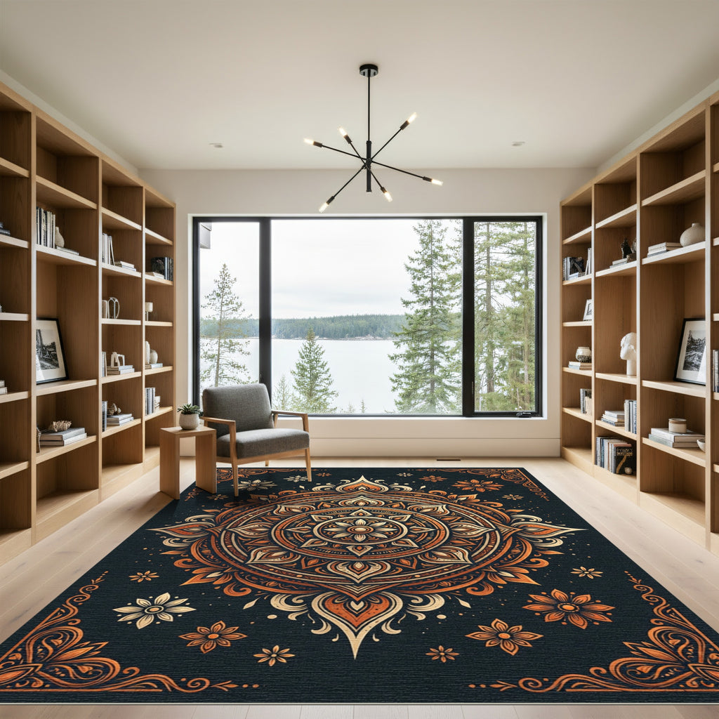 Ornate Amber Mandala Floral Medallion Rug