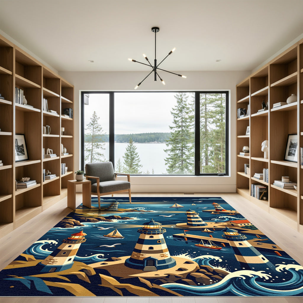 Coastal Lighthouse Harbor Nautical Night Scene Rug