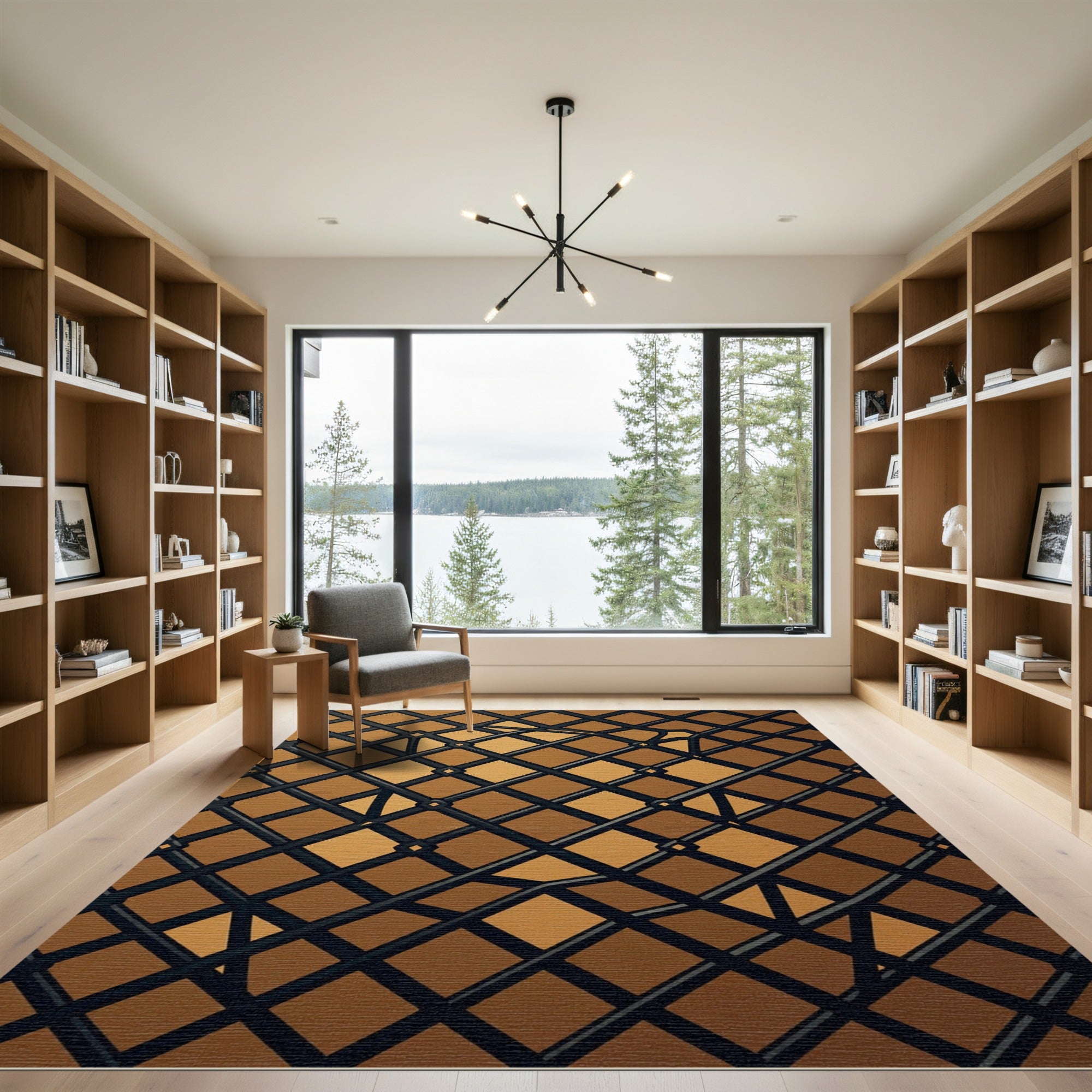 Contemporary Bronze Geometric Lattice Grid Rug