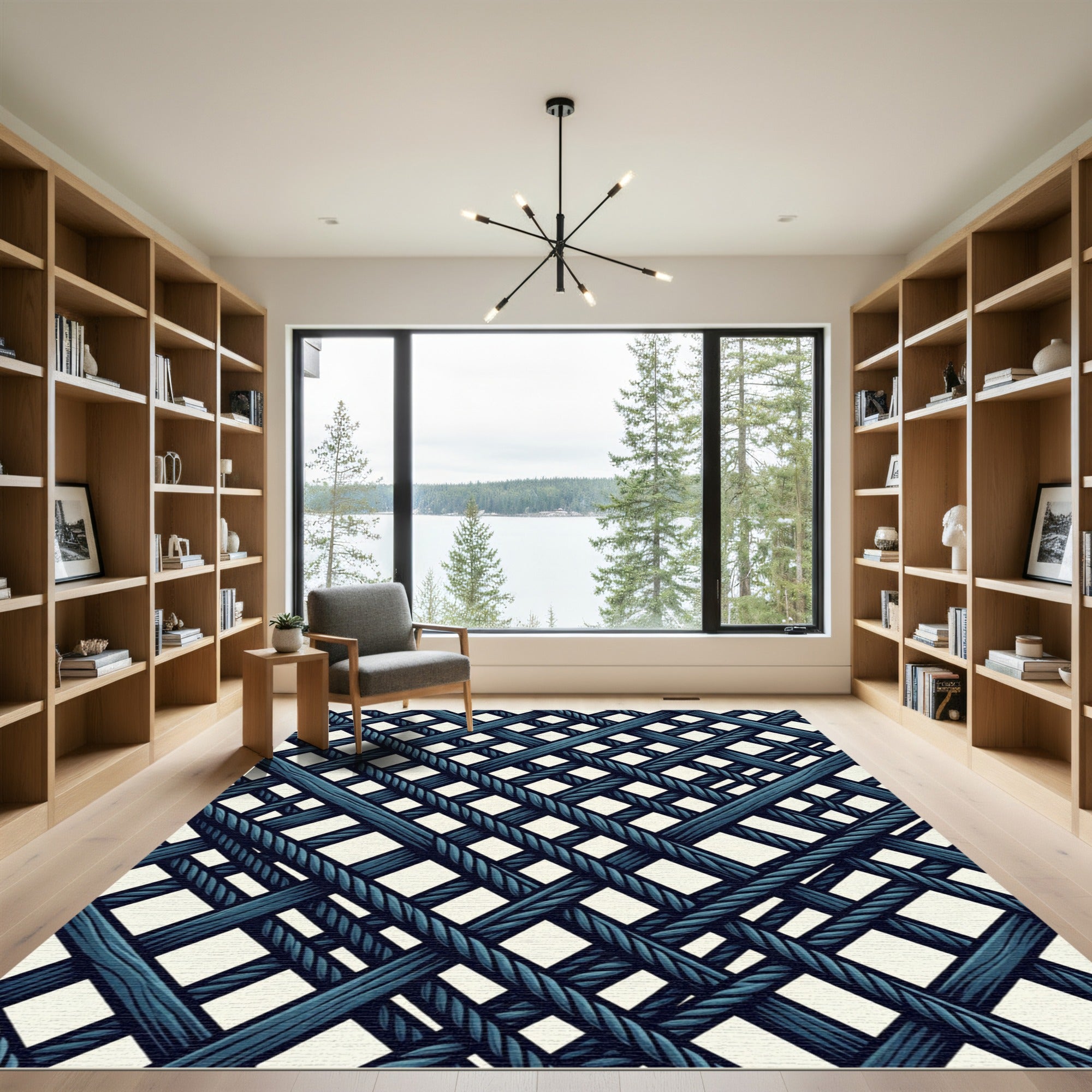 Deep Blue Intersecting Nautical Rope Lattice Rug