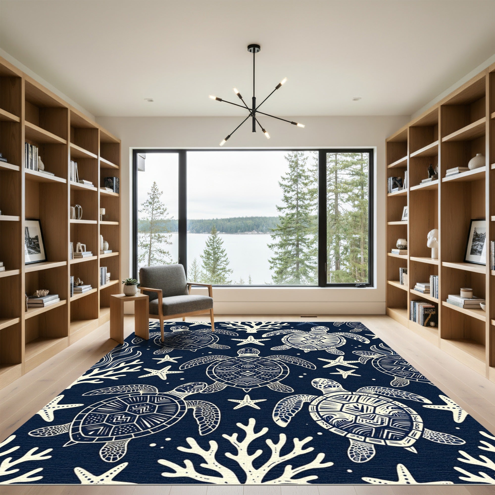 Navy Sea Turtle Coral Oceanic Illustration Rug