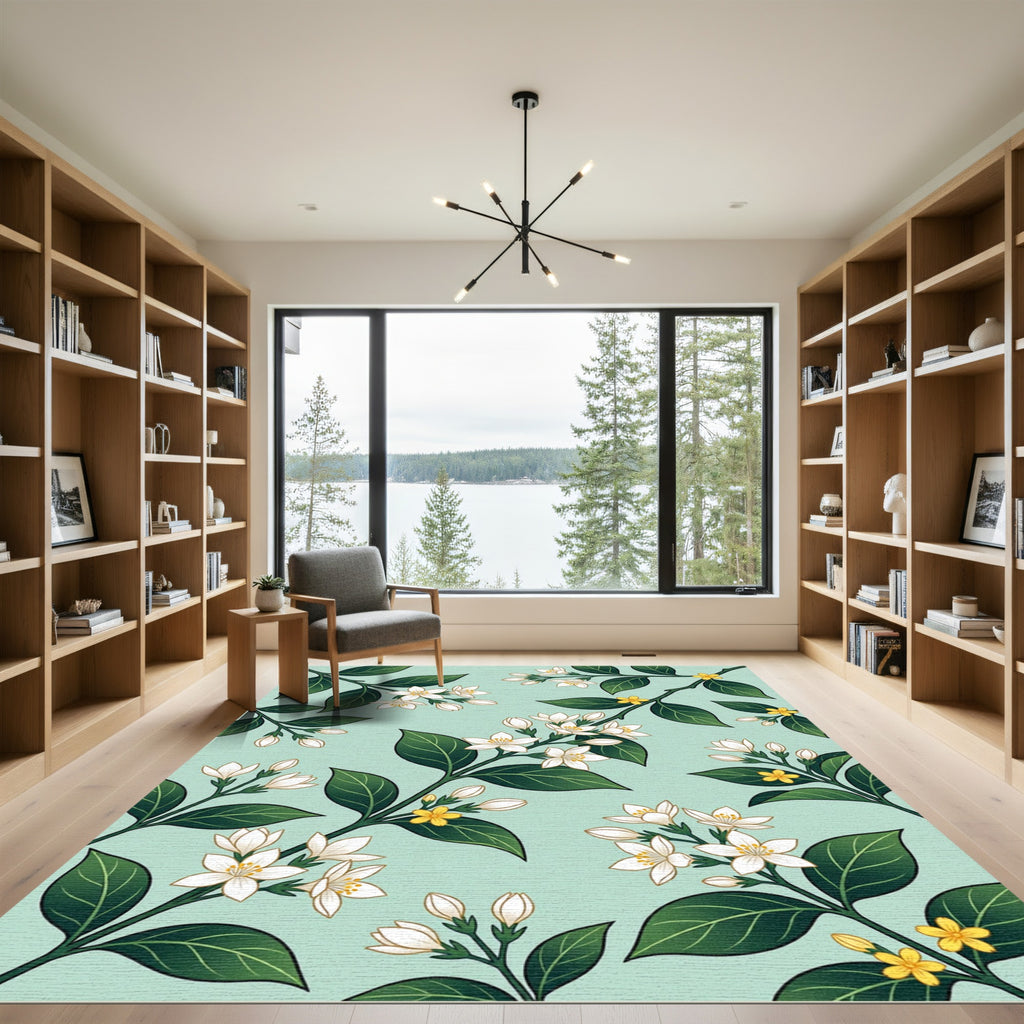 Green Leaf White Blossom Sprig Rug