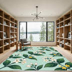 Green Leaf White Blossom Sprig Rug