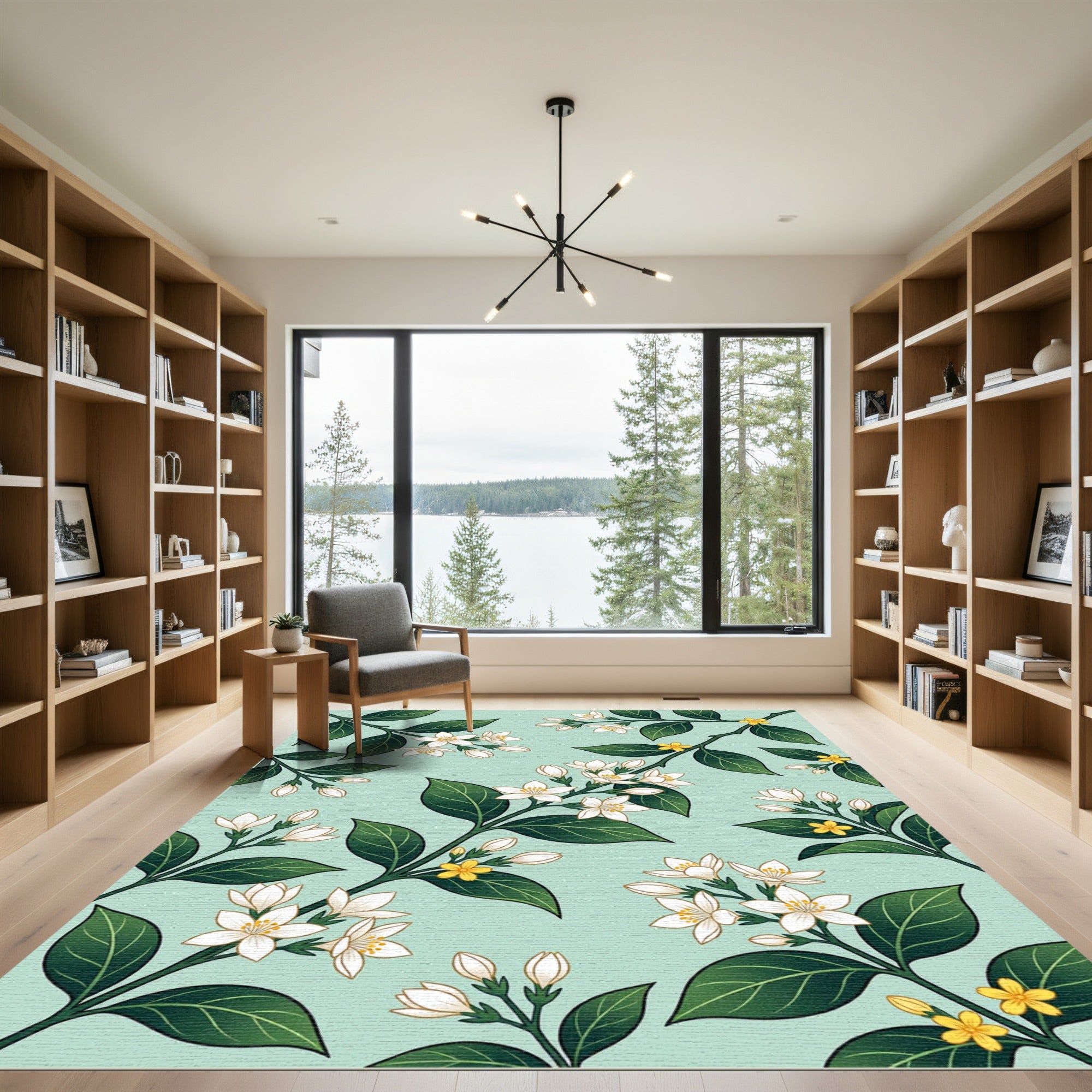 Green Leaf White Blossom Sprig Rug