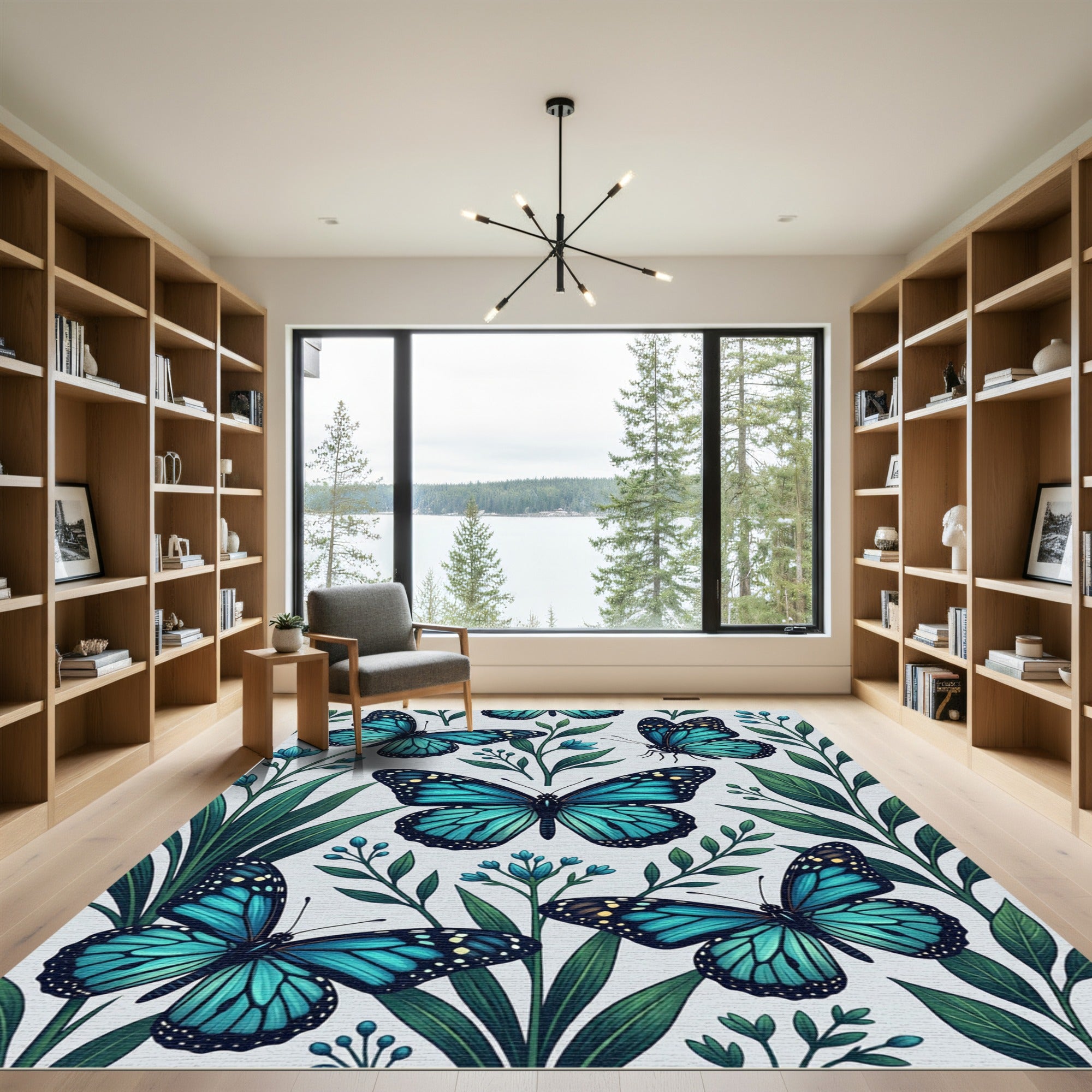 Vibrant Azure Butterfly Botanical Meadow Rug