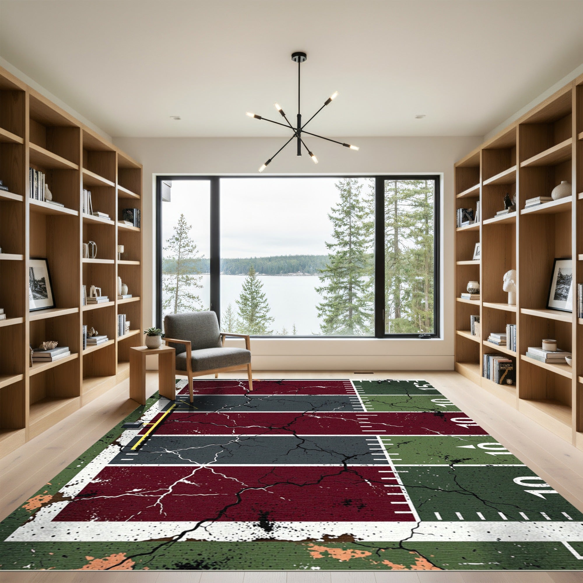 Distressed Football Field Grid Lines Rug