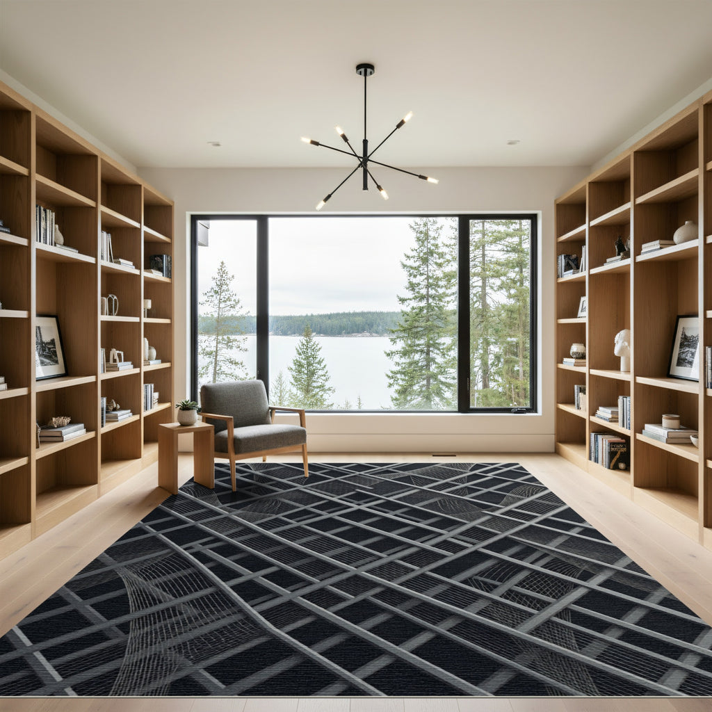 Geometric Charcoal Linear Grid Artwork Rug