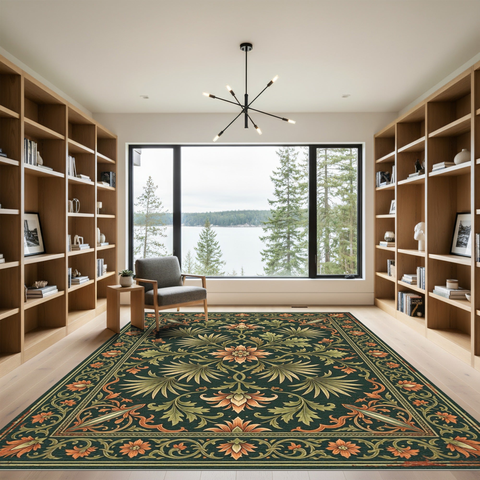 Earthy Forest Green Ornate Botanical Area Rug