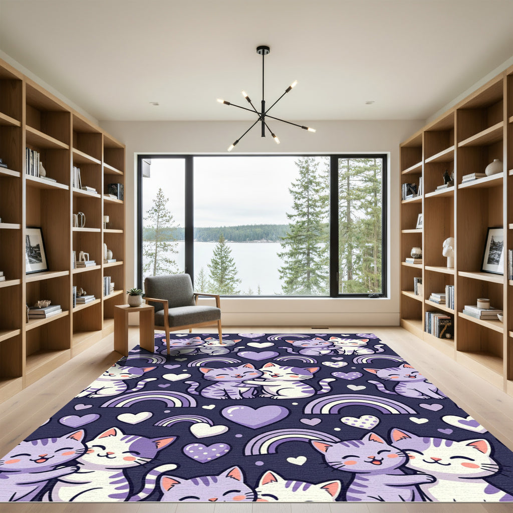 Kawaii Purple Cats Hearts Rainbows Rug