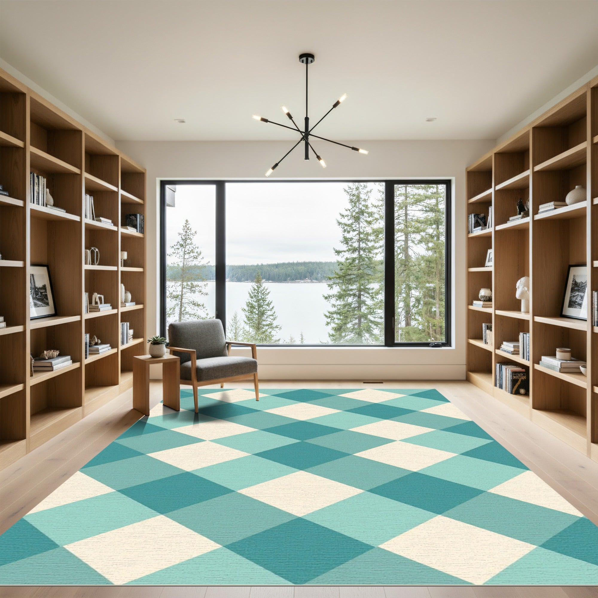 Teal And Cream Diagonal Gingham Check Rug