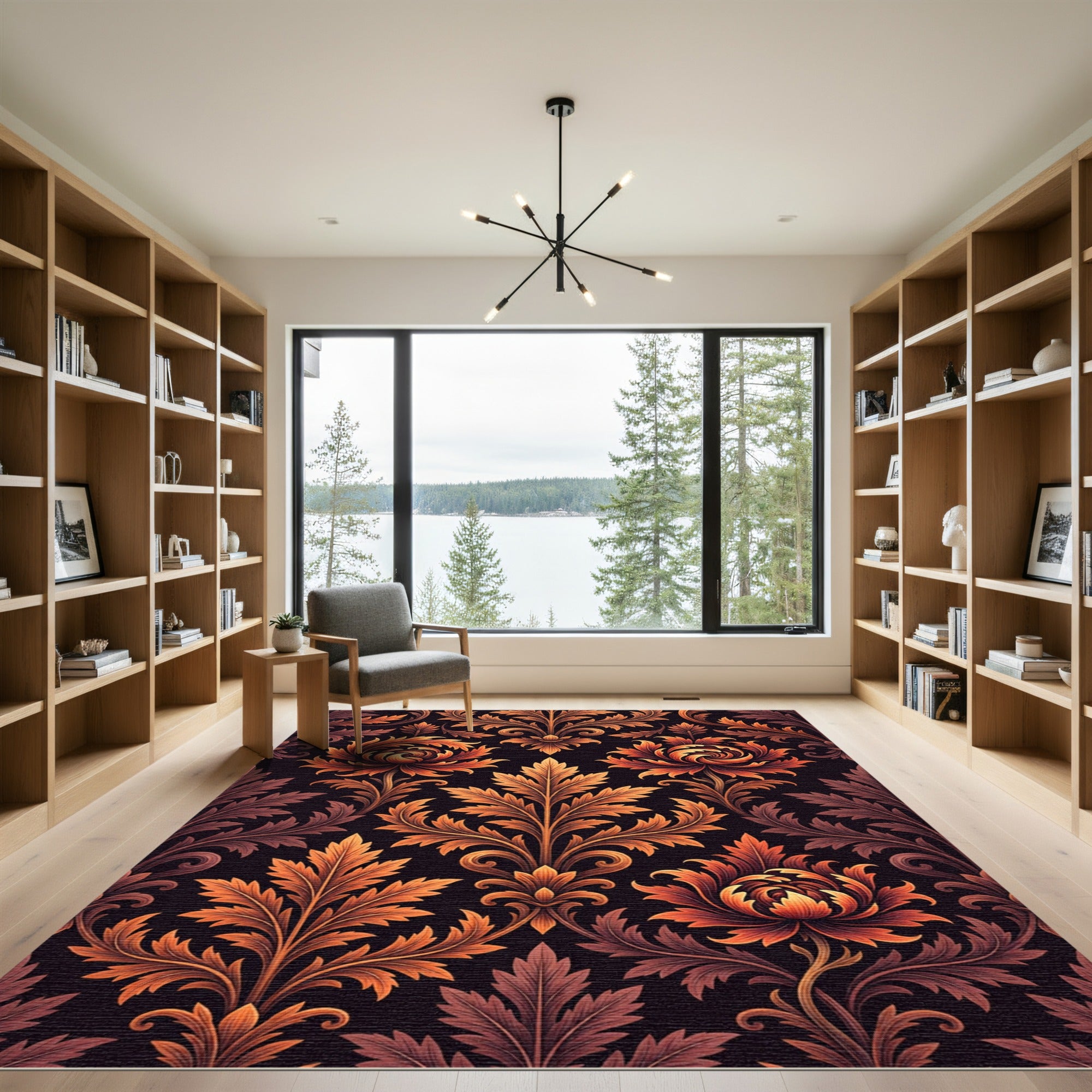 Ornate Crimson Floral Damask Rug