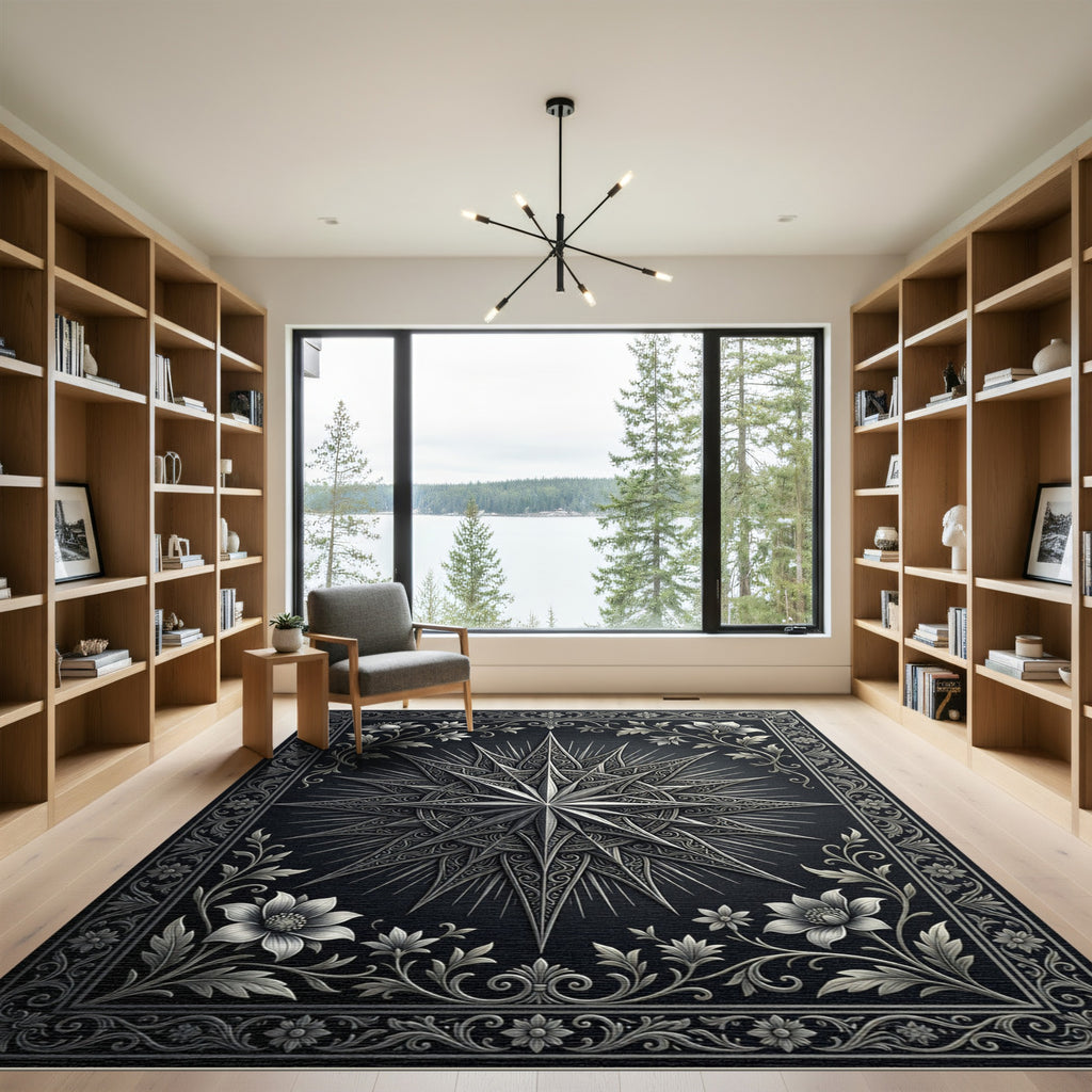 Ornate Black Starburst Floral Frame Rug