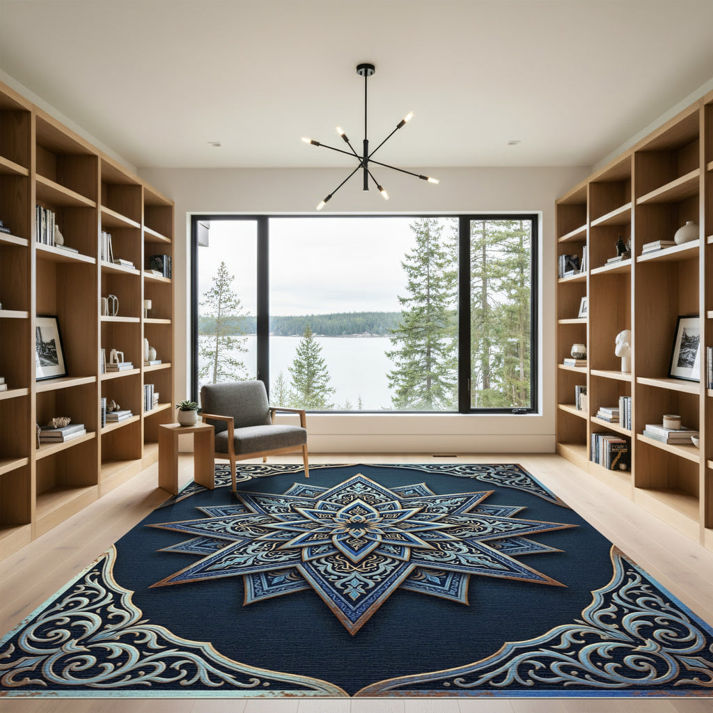 Midnight Blue Celestial Star Medallion Rug