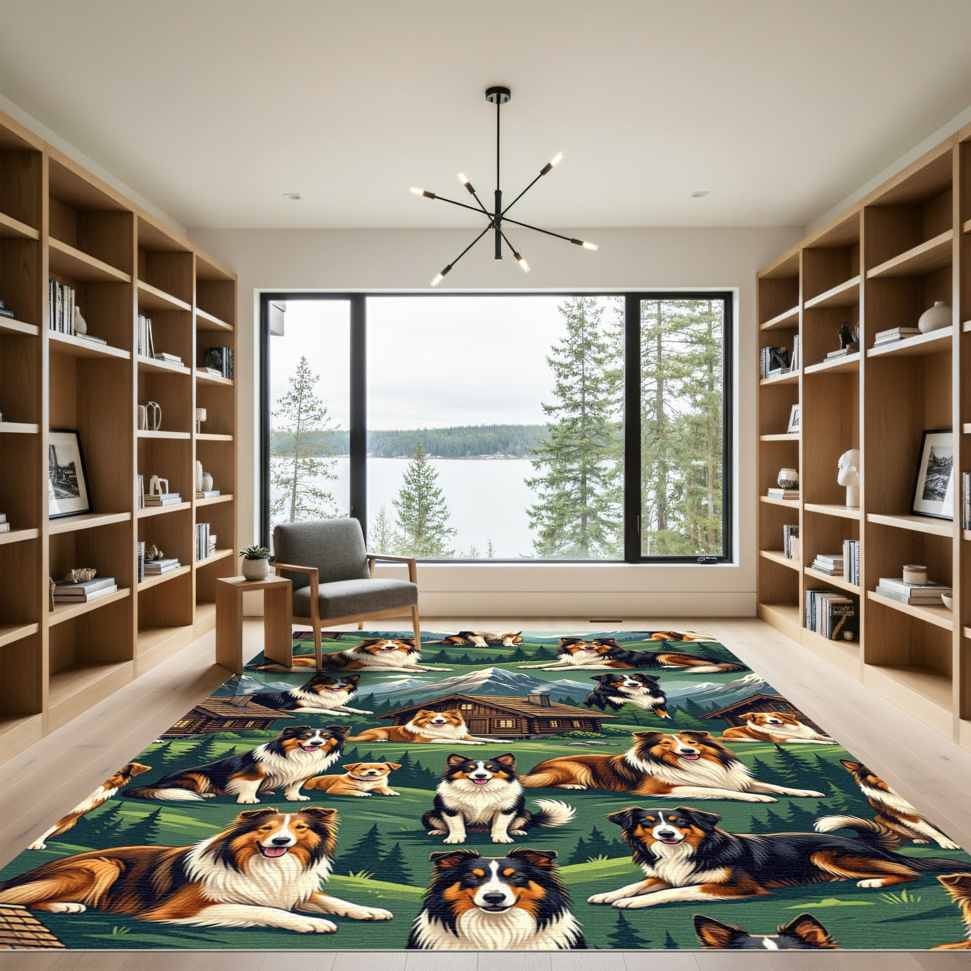 Scenic Highland Collie Dog Mountain Landscape Rug