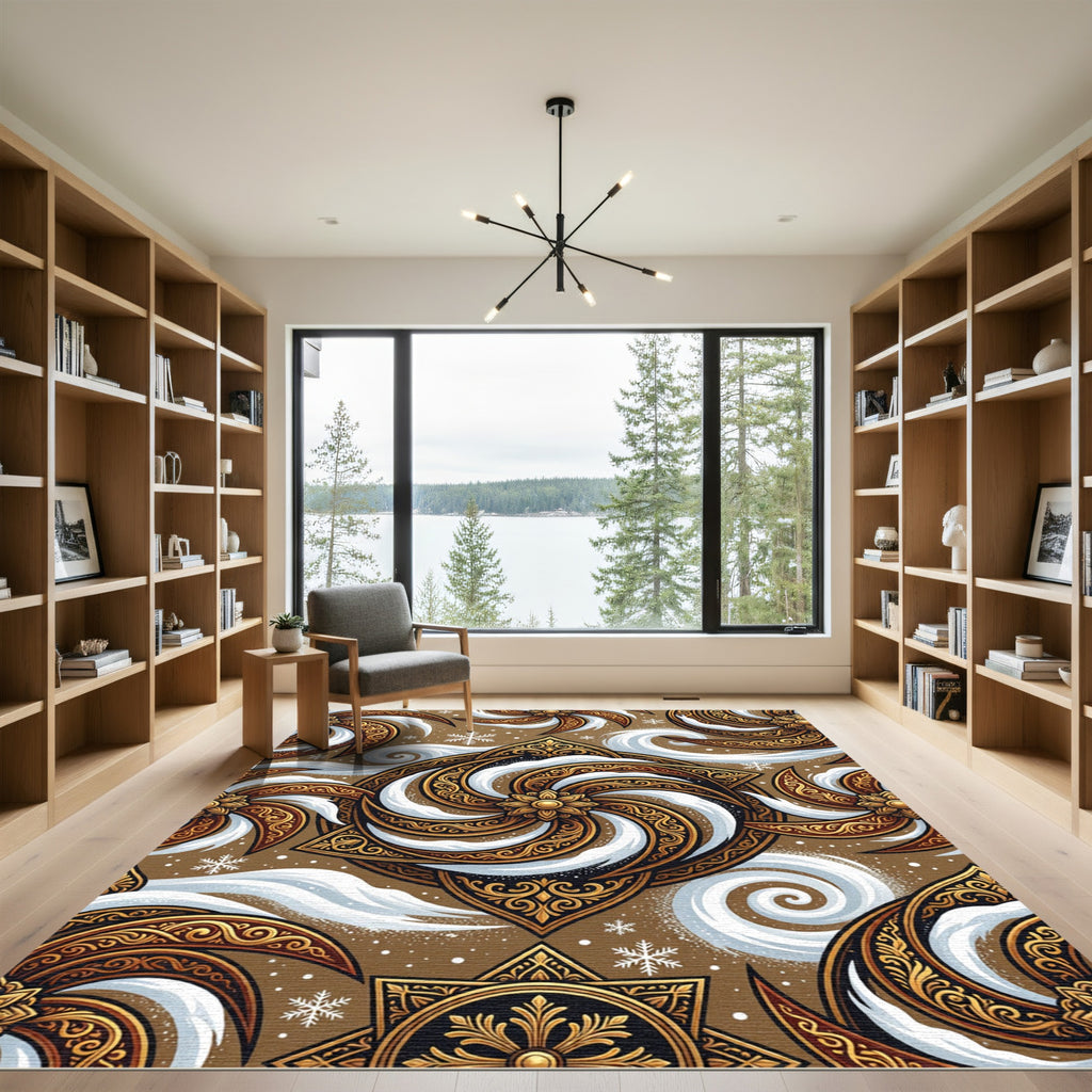 Golden Snow Swirl Ornate Floral Medallion Rug
