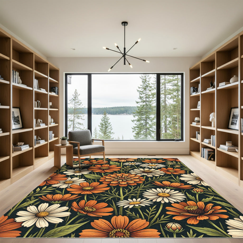 Orange and White Daisy Floral Garden Rug