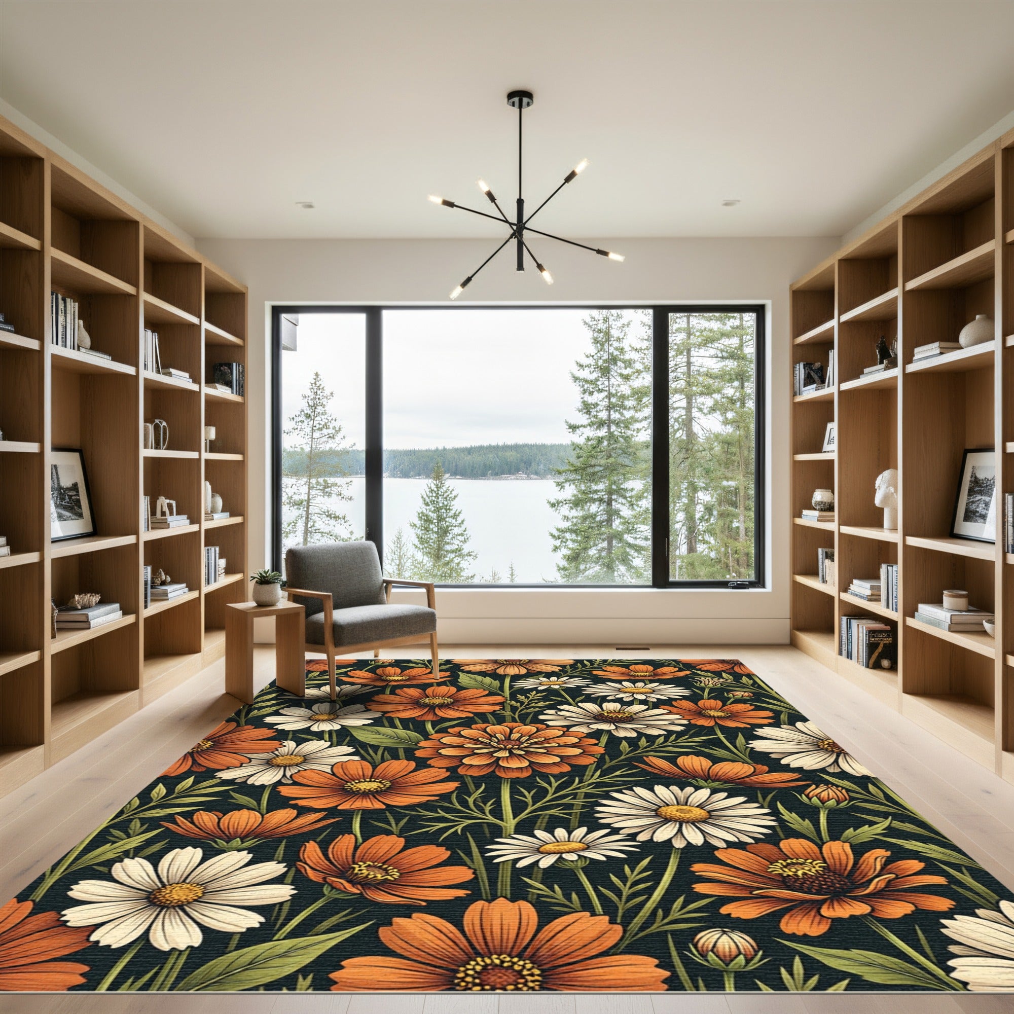 Orange and White Daisy Floral Garden Rug