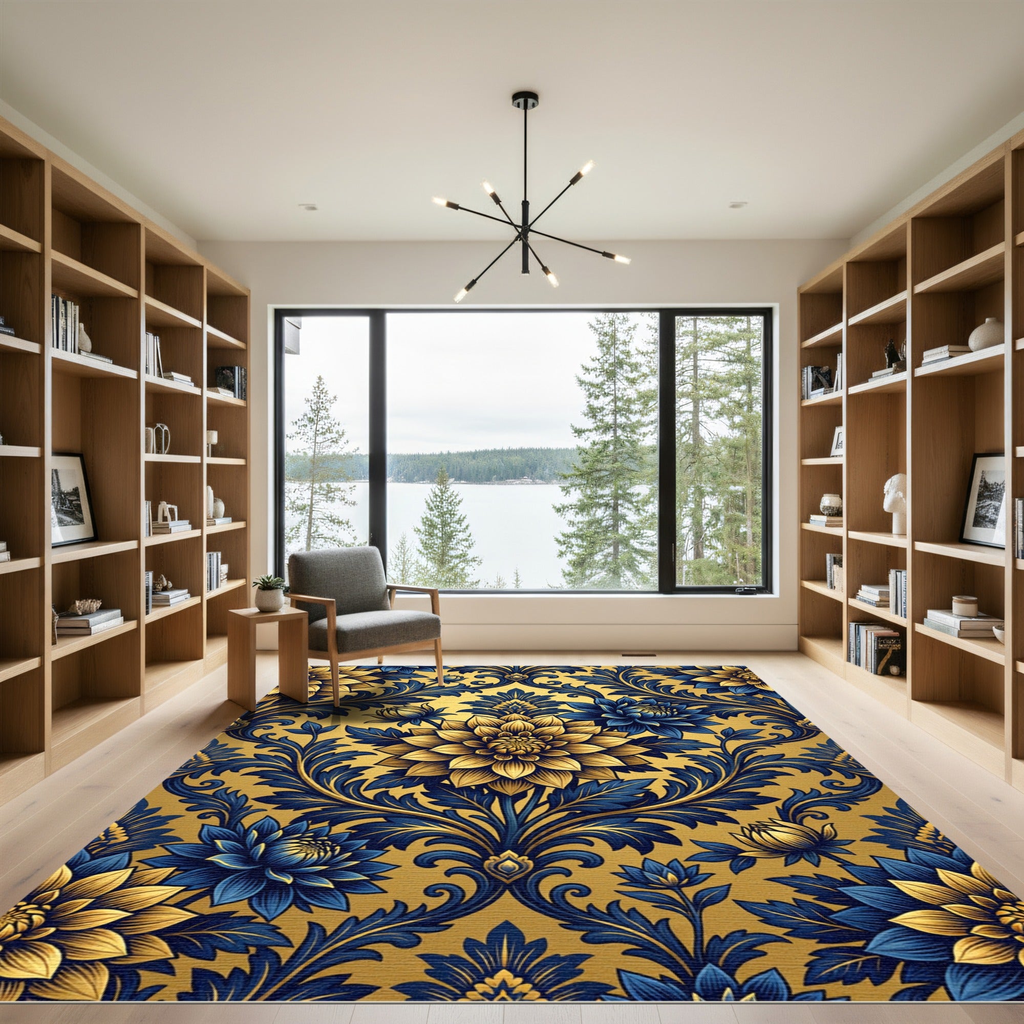 Golden Floral Damask Navy Ink Rug