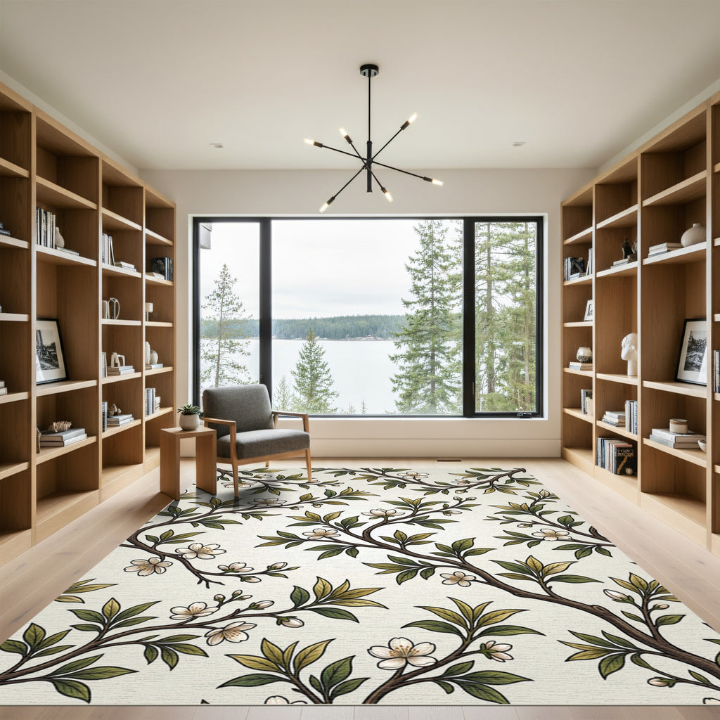 White Blossom Branch Foliage Rug