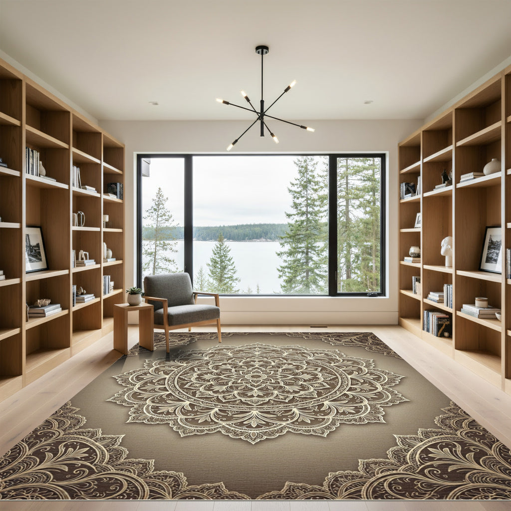 Elegant Beige Ornate Floral Mandala Rug