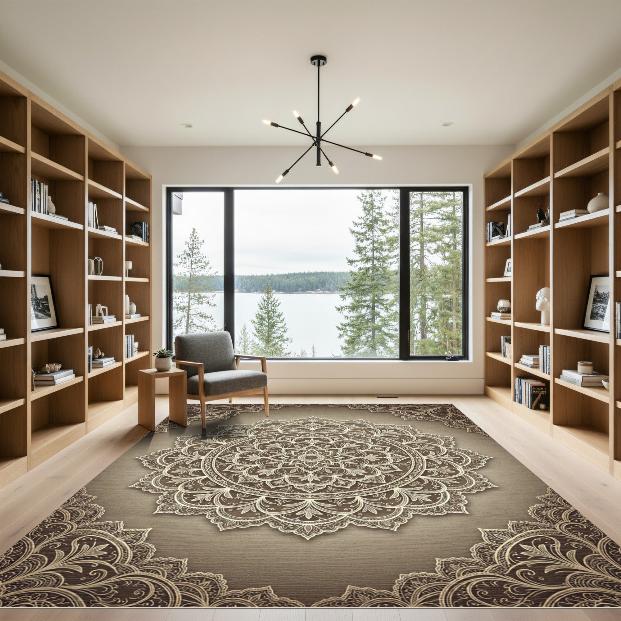 Elegant Beige Ornate Floral Mandala Rug