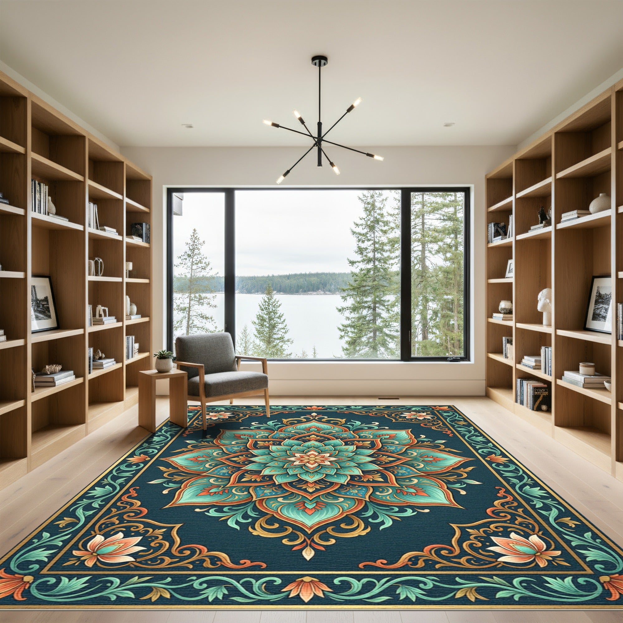 Teal Mandala Bloom with Golden Foliage Rug