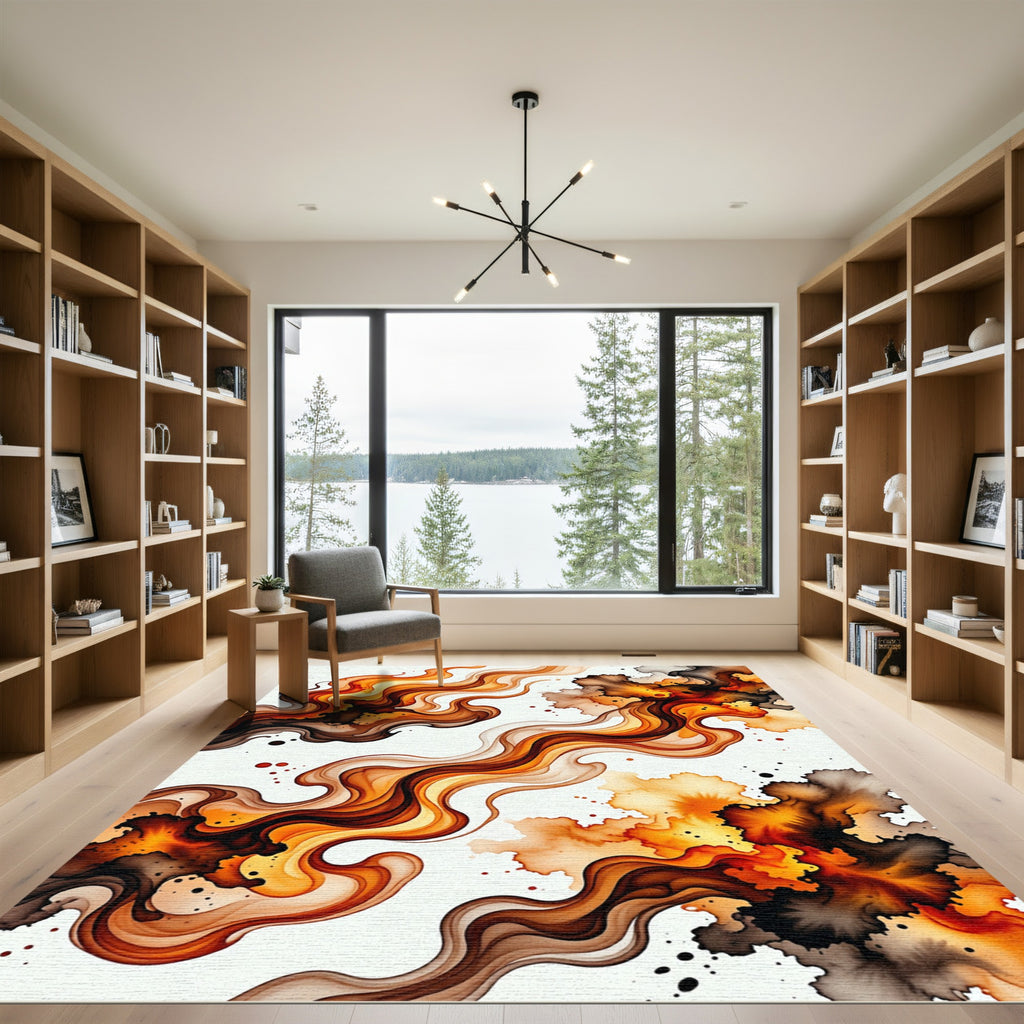 Abstract Amber Fire Swirl Fluid Art Rug