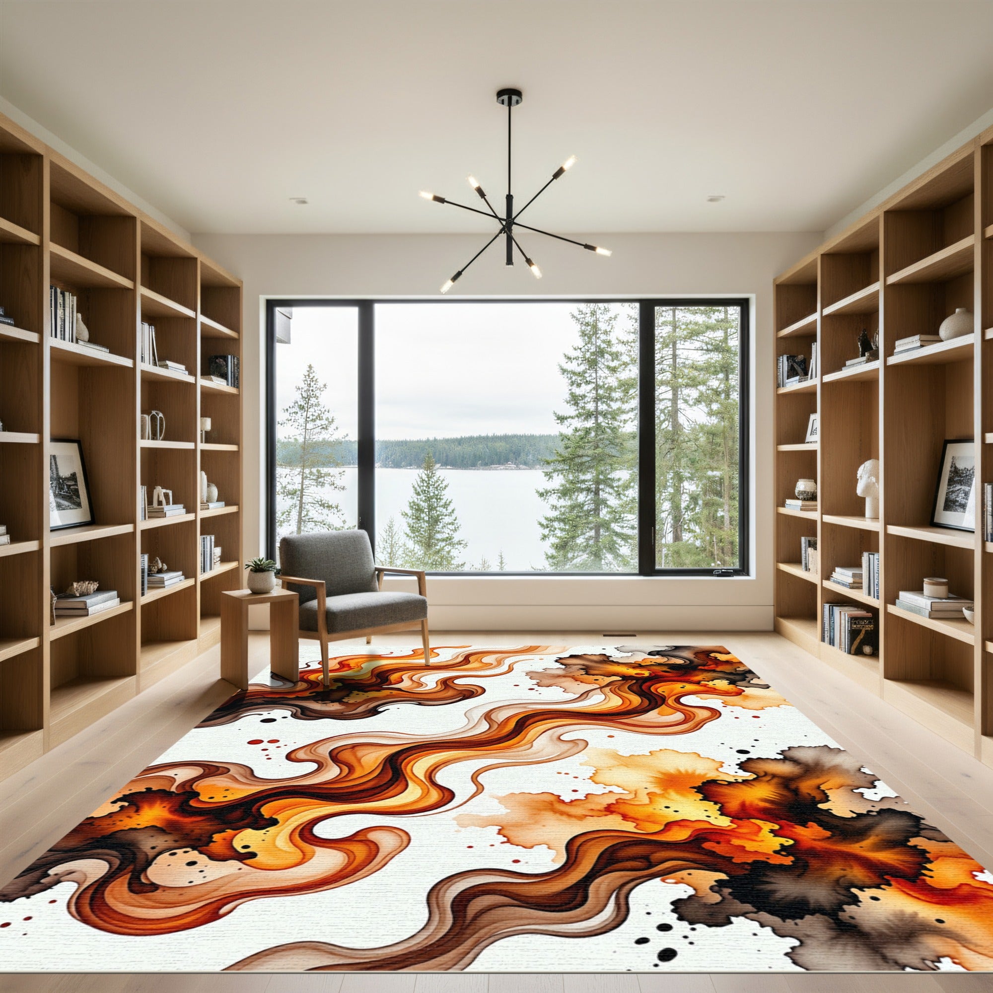 Abstract Amber Fire Swirl Fluid Art Rug