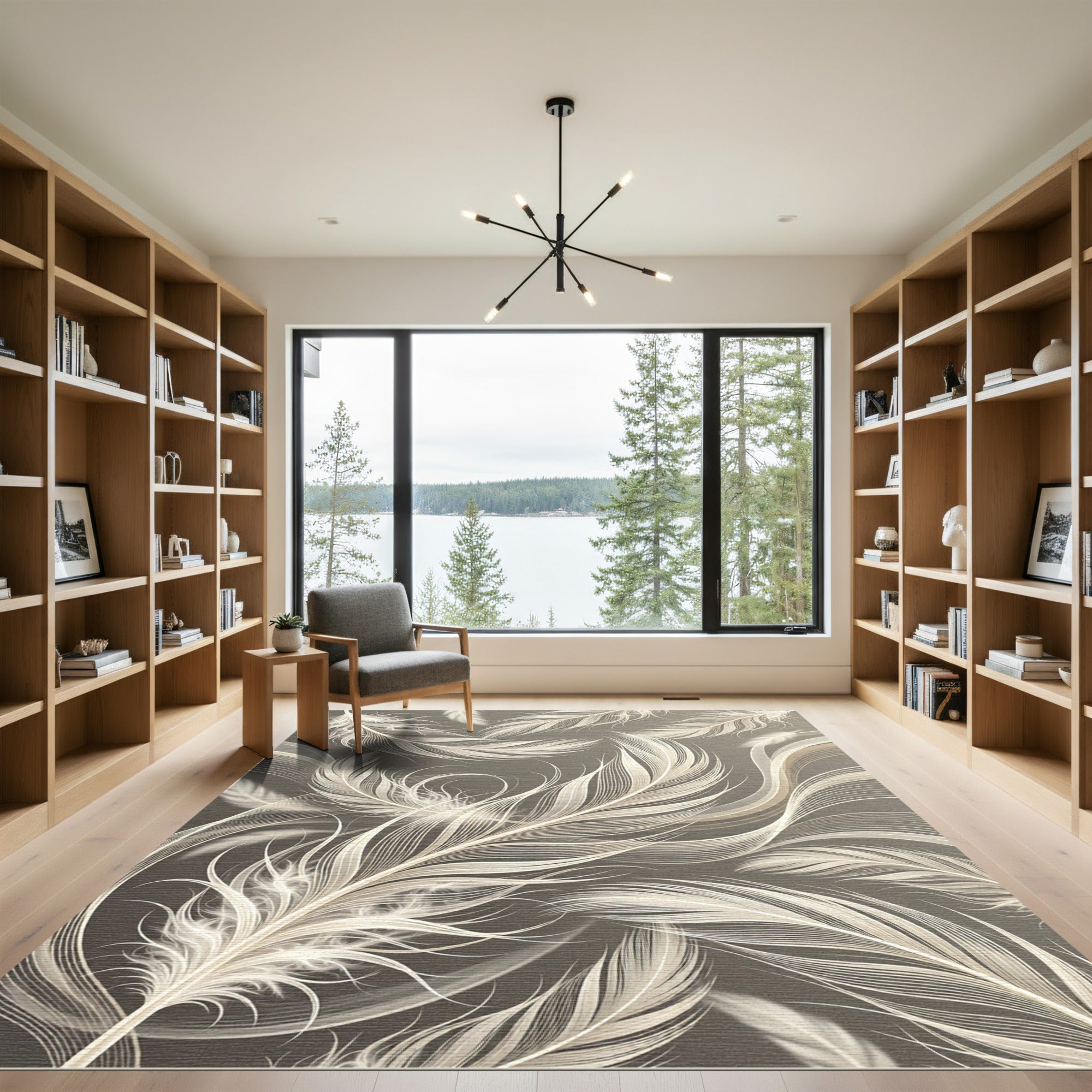 Elegant Ivory Floating Feather Illustration Rug