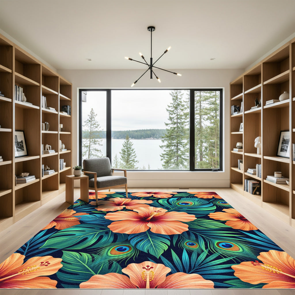 Orange Hibiscus Peacock Feather Tropical Floral Rug
