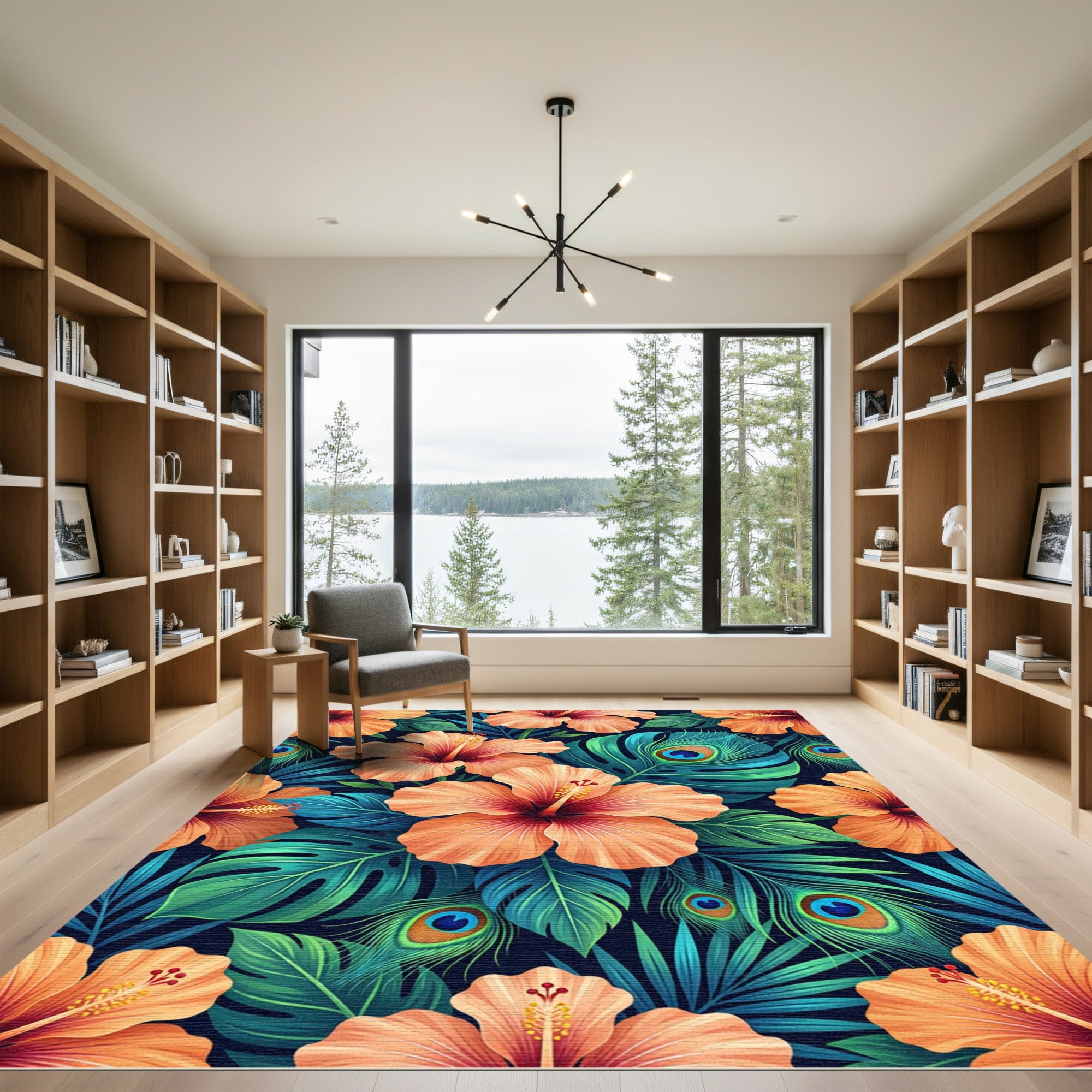 Orange Hibiscus Peacock Feather Tropical Floral Rug