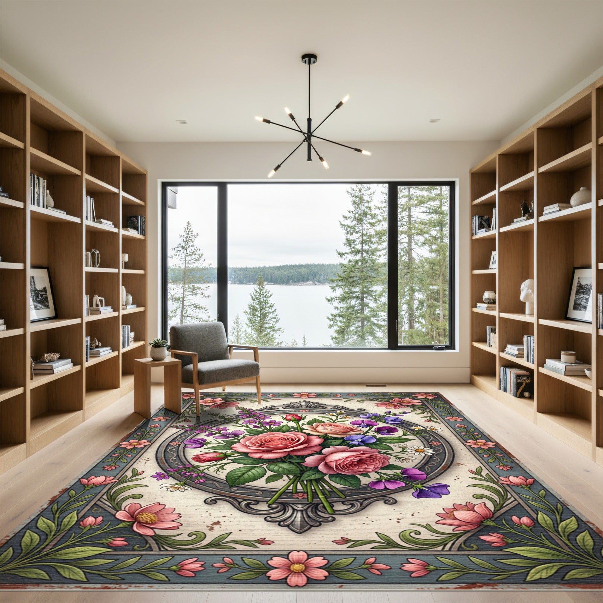 Elegant Pink Rose Botanical Frame Rug
